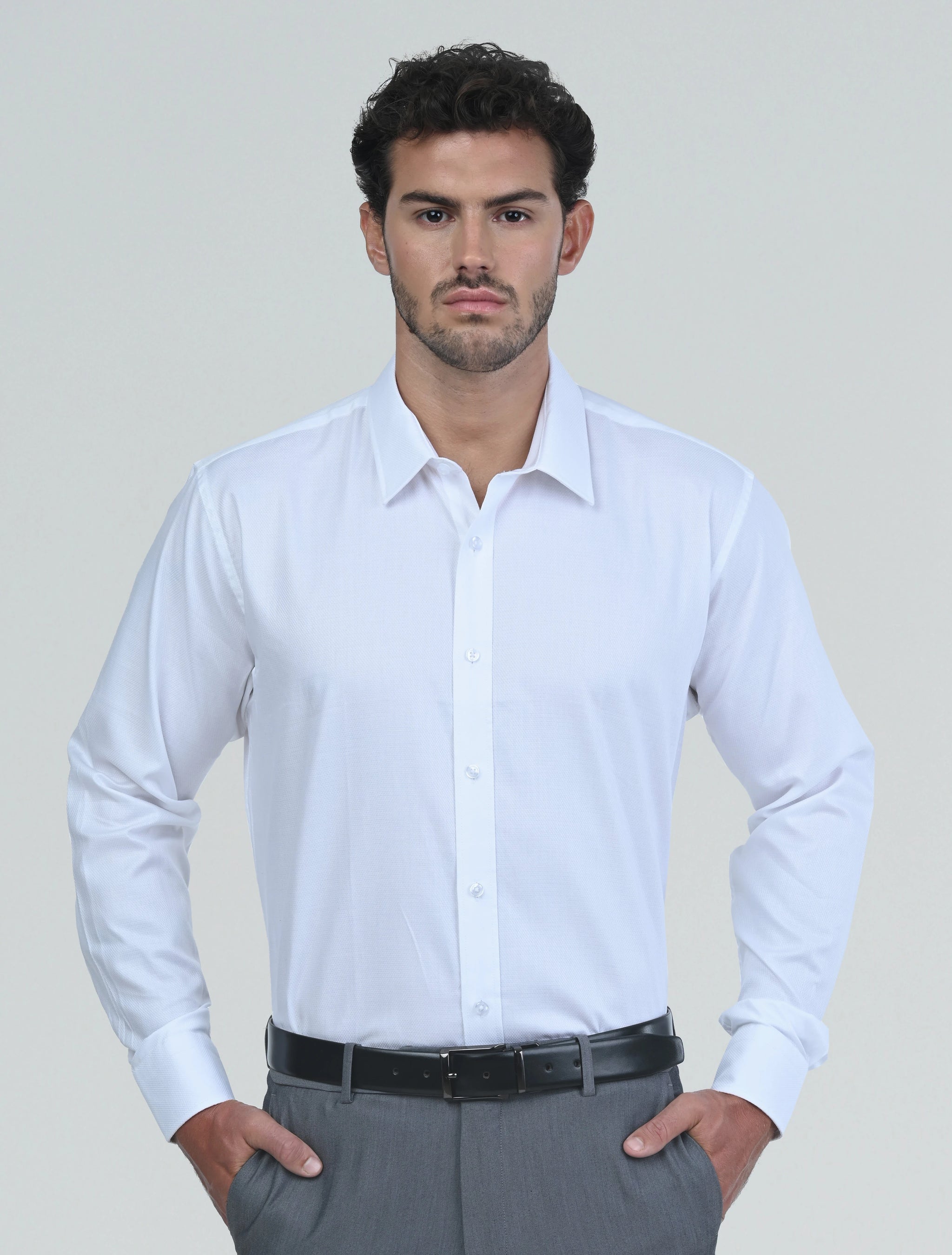 Front view of the Marshall Menswear Monaco White men's Egyptian cotton dress shirt featuring premium Egyptian cotton, a crisp spread collar and a sharp tailored silhouette.