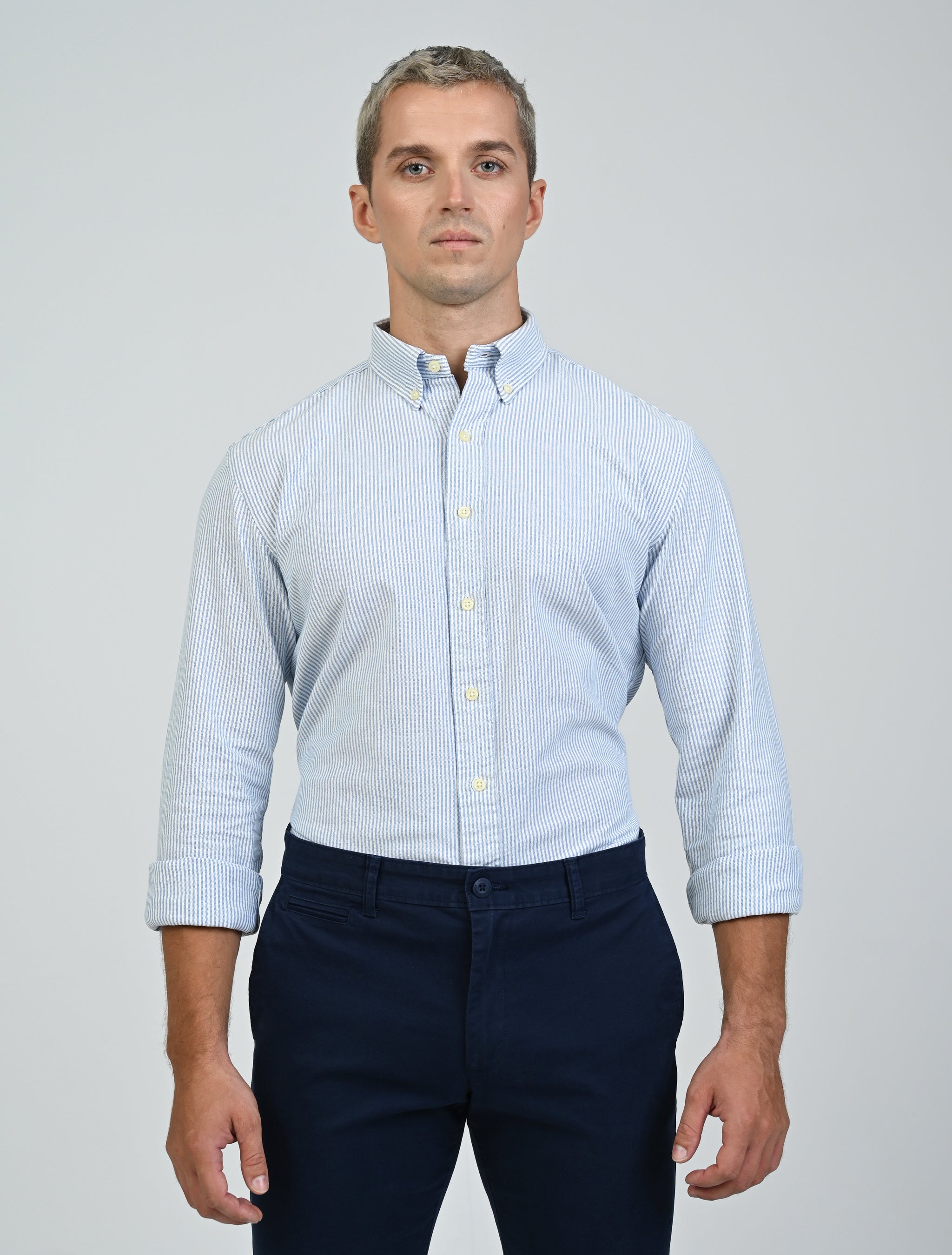Marshall Menswear Marlowe Stripe men's Oxford shirt in blue and white stripes with a button-down collar, tailored fit and premium cotton fabric, styled for smart casual work and weekend wear.