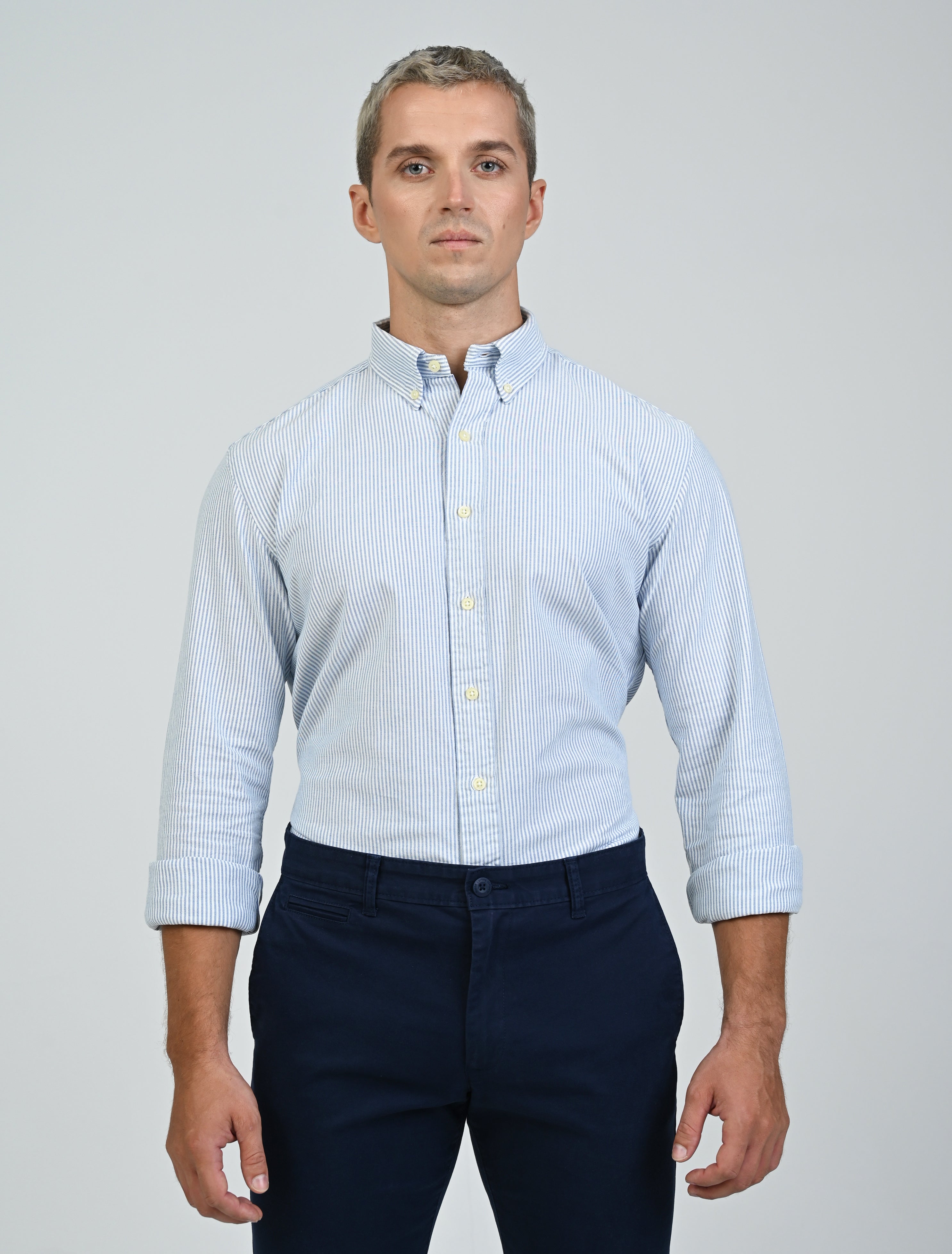 Marshall Menswear Marlowe Stripe men's Oxford shirt in blue and white stripes with a button-down collar, tailored fit and premium cotton fabric, styled for smart casual work and weekend wear.