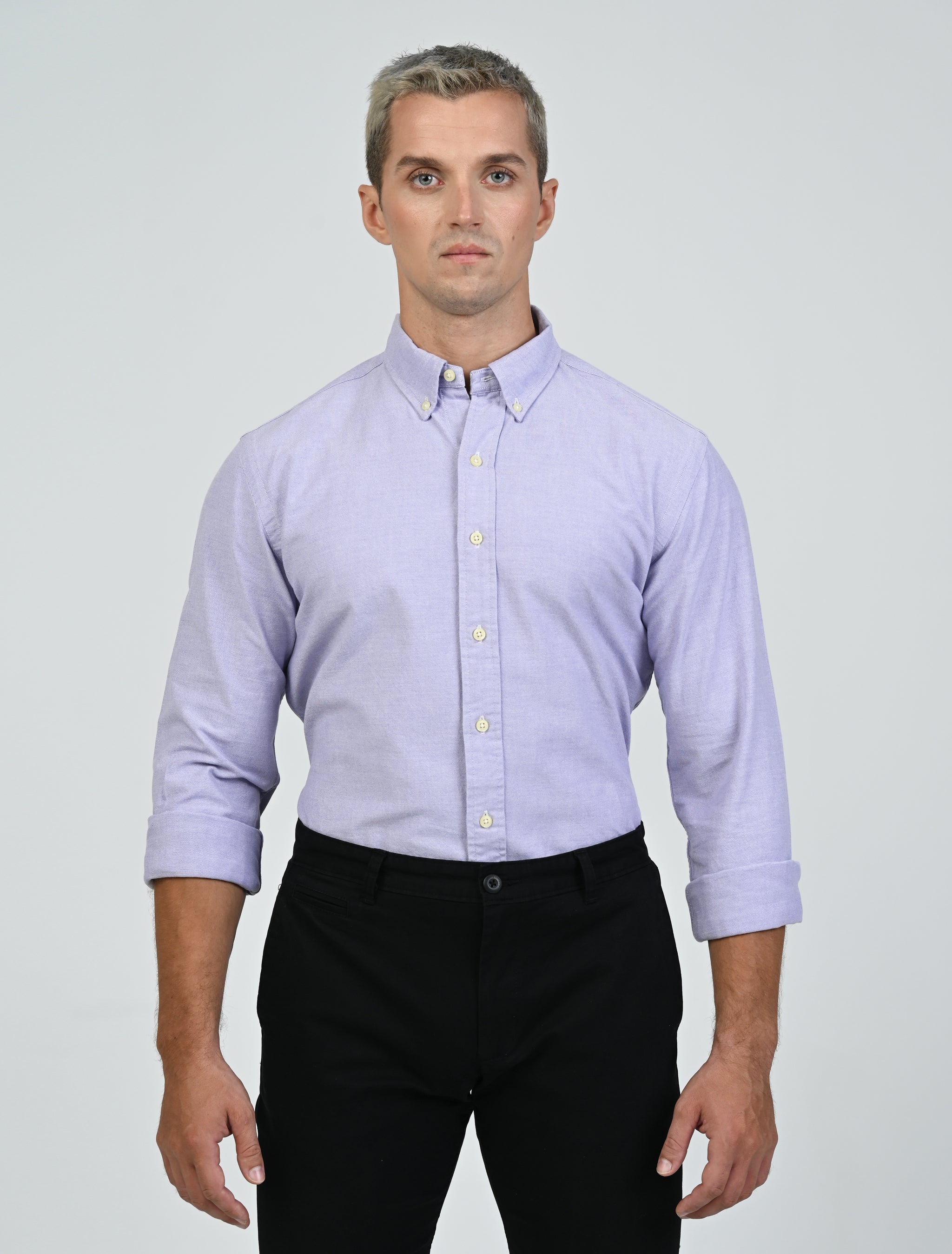 Front view of the Marshall Menswear Harrington Oxford Shirt in light purple featuring premium Oxford cotton, long sleeves and a button-down collar.