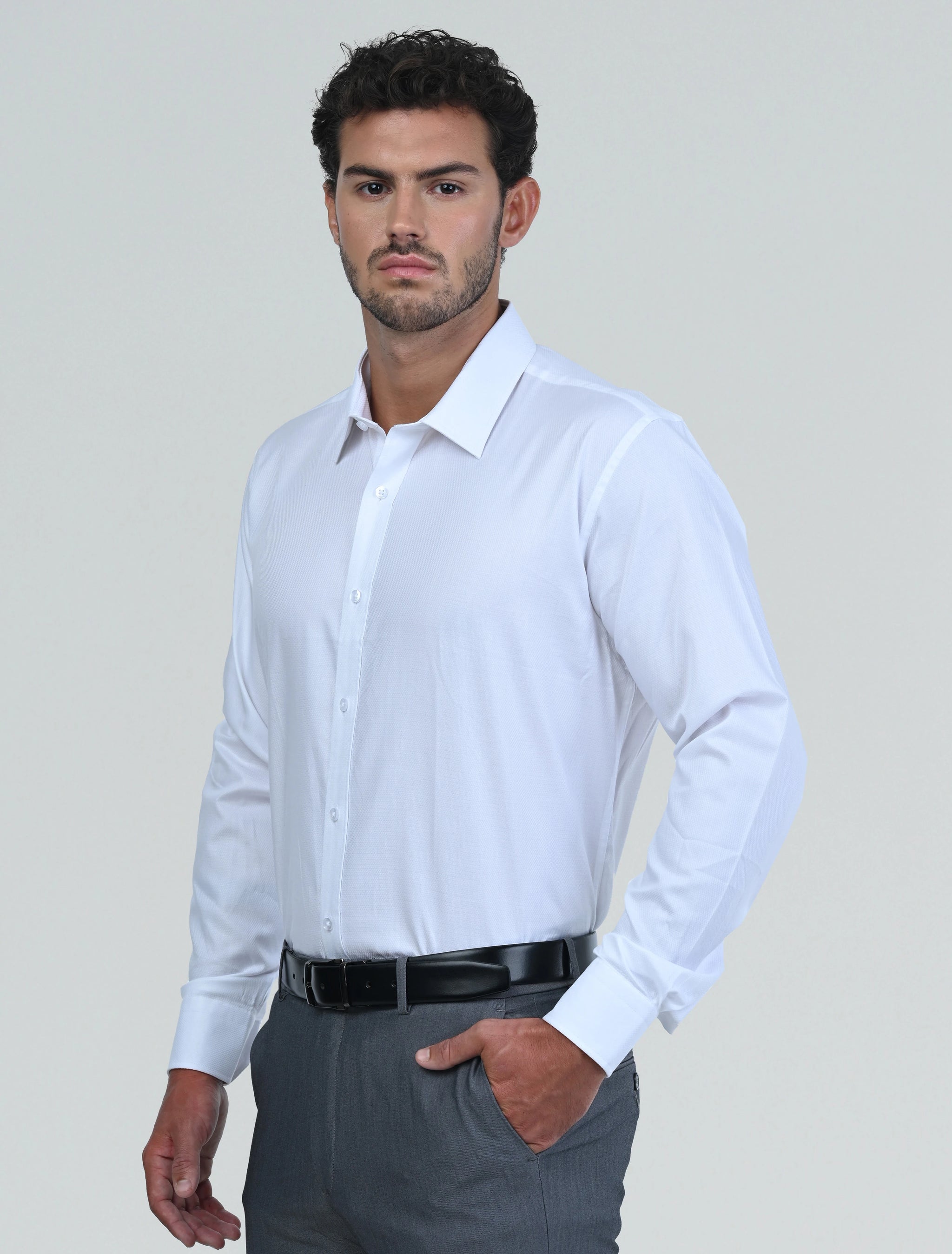 Three-quarter view of the Marshall Menswear Monaco White men's Egyptian cotton dress shirt showcasing its luxurious fabric, structured fit and timeless business styling.