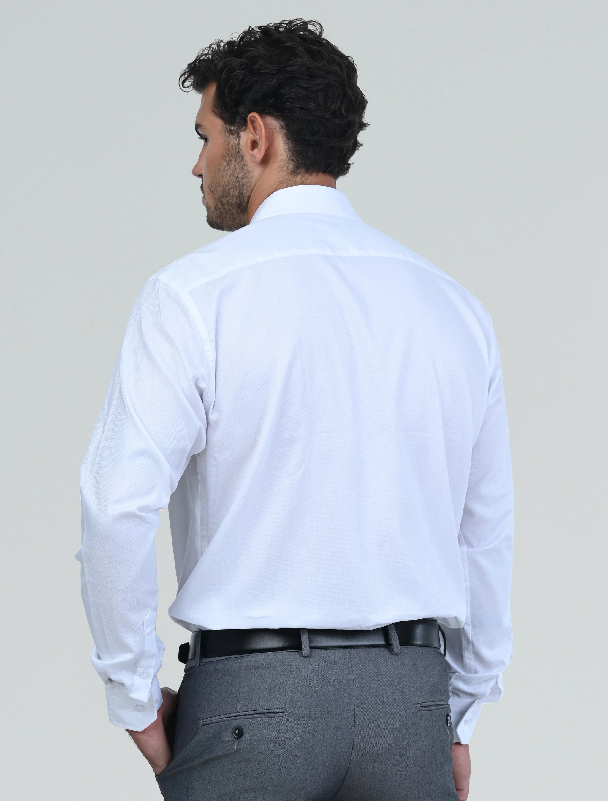 Back view of the Marshall Menswear Monaco White men's Egyptian cotton dress shirt showcasing the tailored silhouette, clean back yoke and premium Egyptian cotton construction.