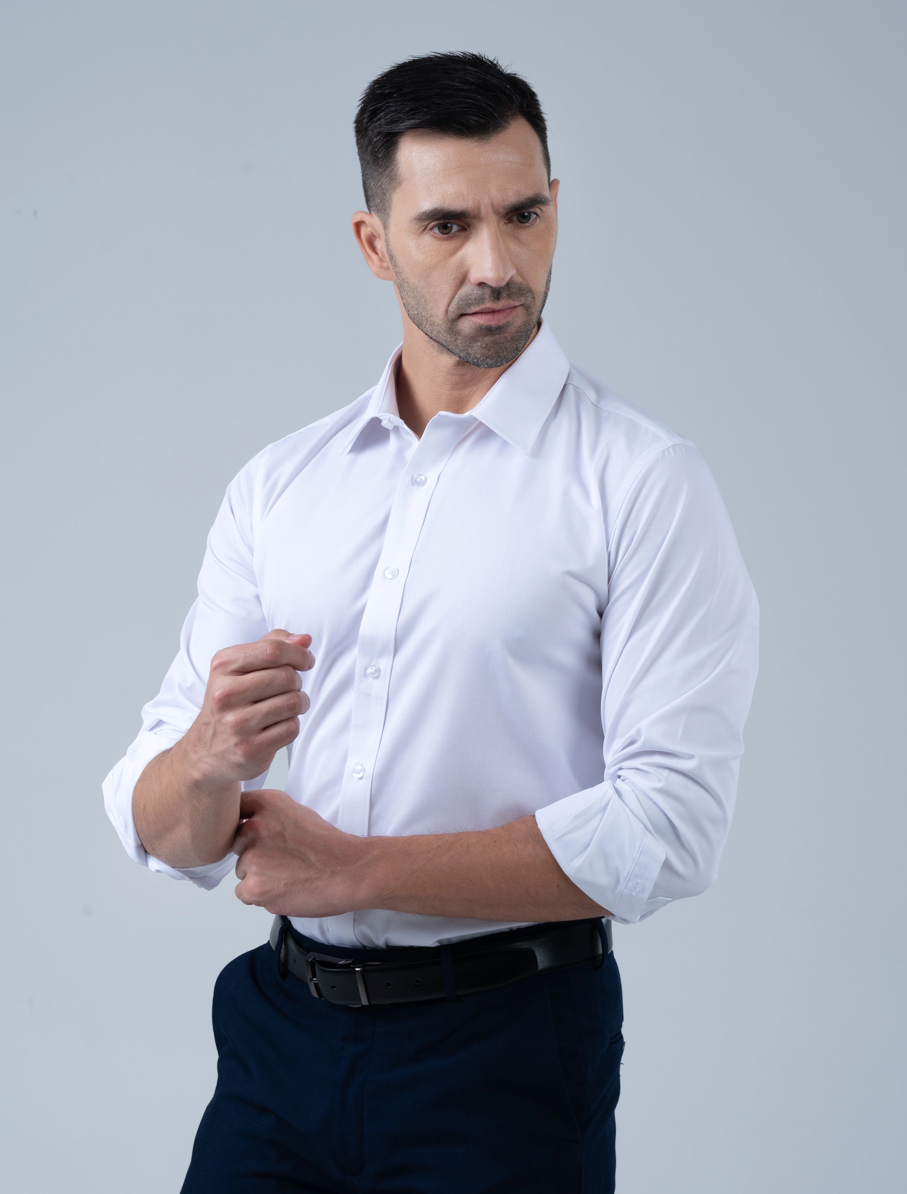 Model wearing the Marshall Menswear Cambridge white men's business casual shirt with a tailored fit,cotton fabric and polished professional styling.