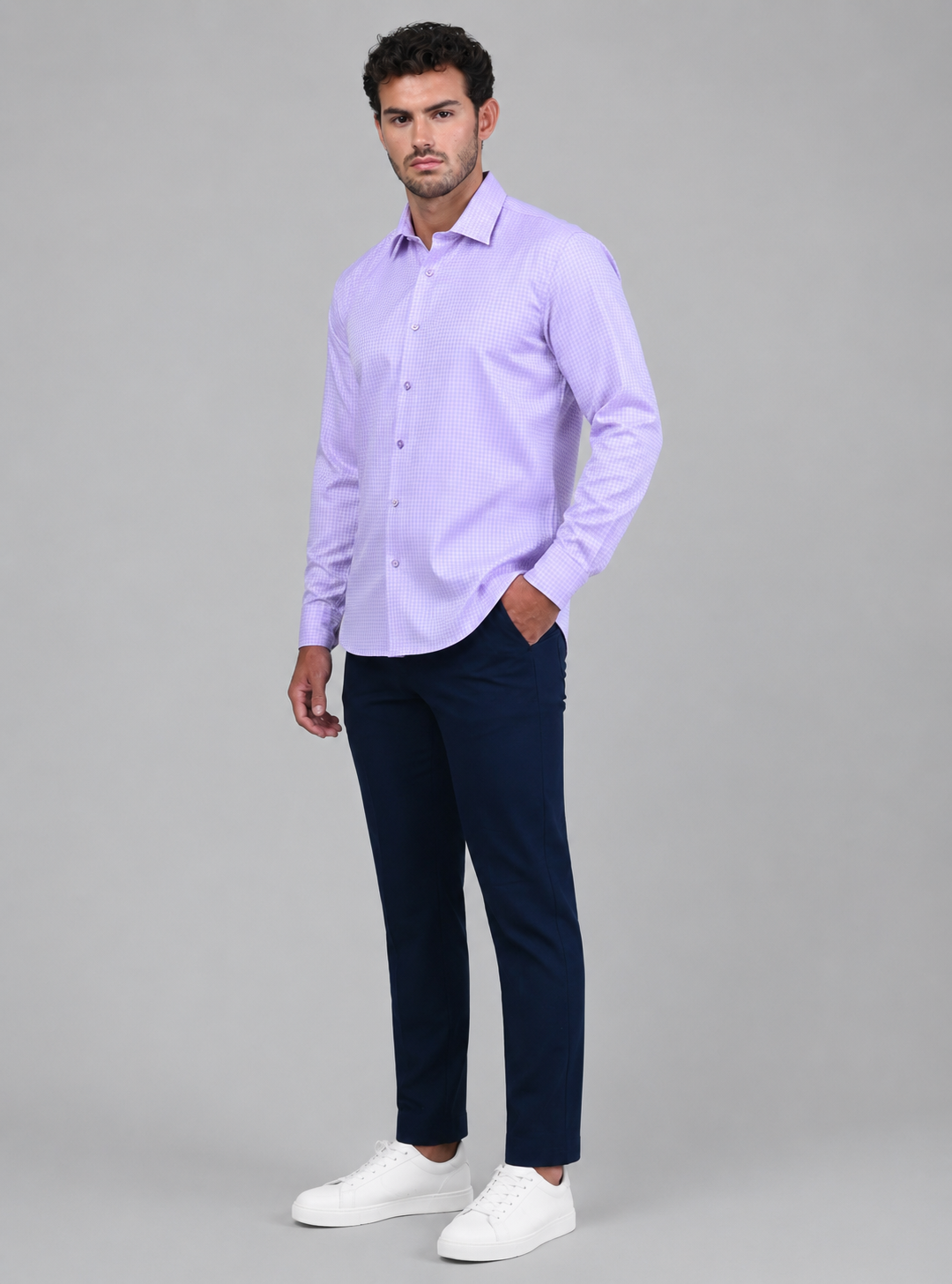 Full-length model wearing the Marshall Menswear Belgrave Purple men's smart casual shirt with navy trousers,for a polished smart casual look.