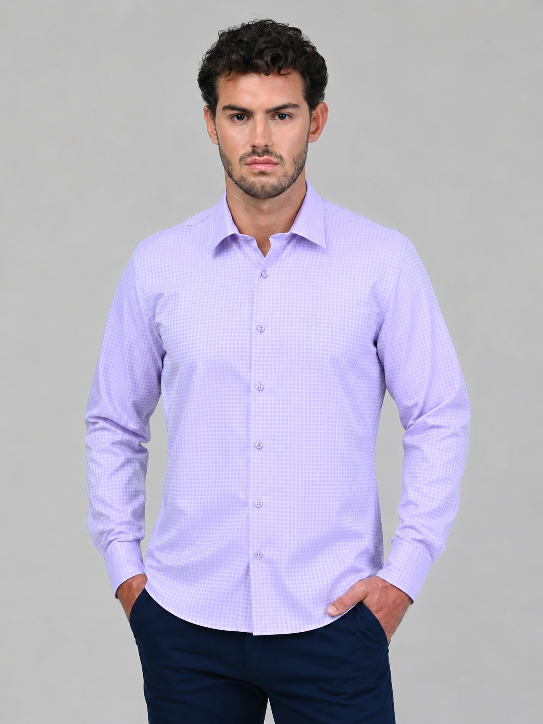 Front view of the Marshall Menswear Belgrave Purple men's smart casual shirt featuring a subtle micro-check pattern, spread collar, long sleeves and a tailored fit.