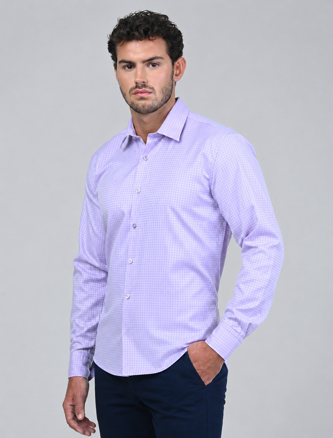 Three-quarter view of the Marshall Menswear Belgrave Purple men's smart casual shirt showcasing a subtle micro-check design, tailored silhouette and refined everyday style.