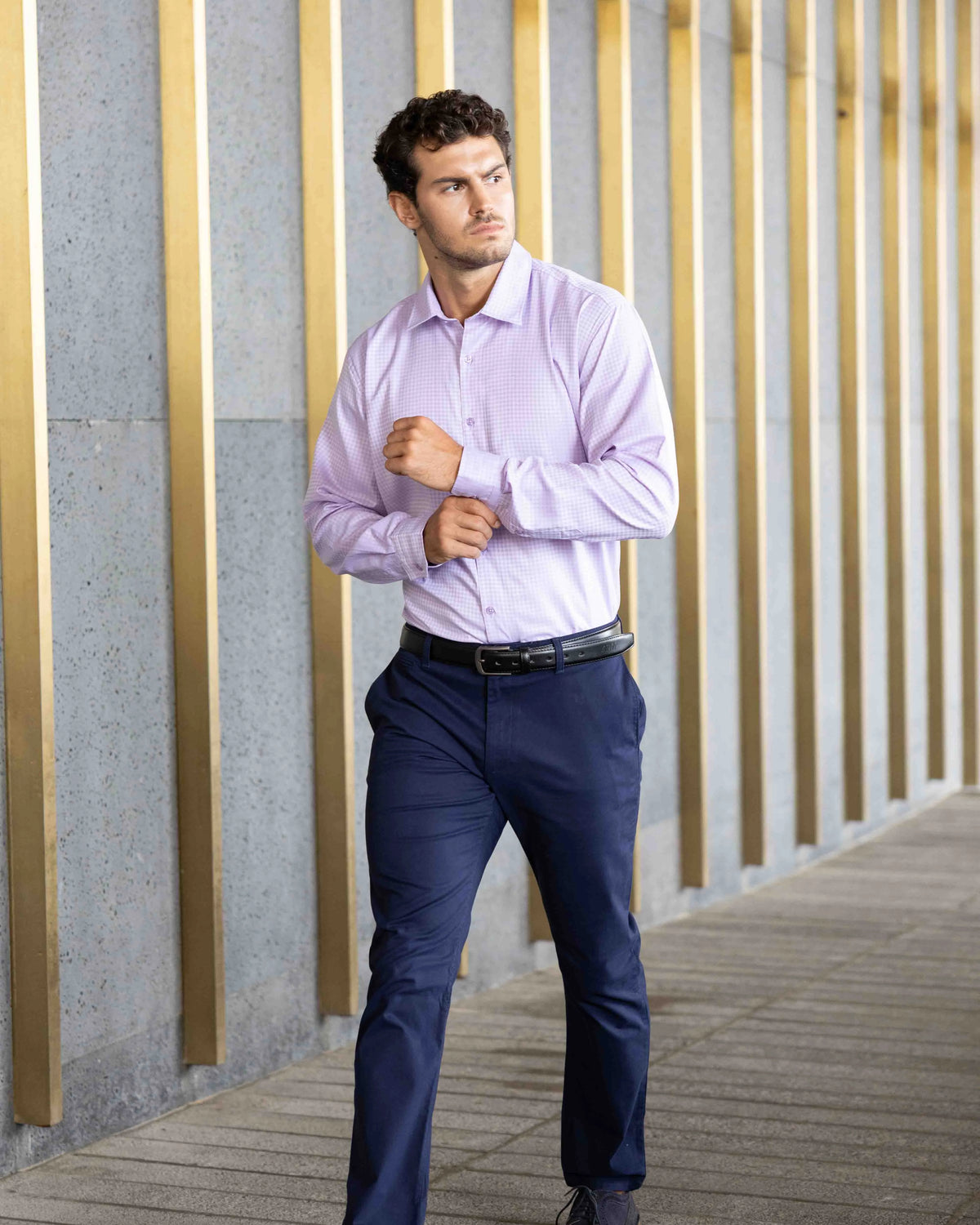 Front view of the Marshall Menswear Belgrave Purple men's smart casual shirt featuring a subtle micro-check pattern, spread collar, long sleeves and a tailored fit.