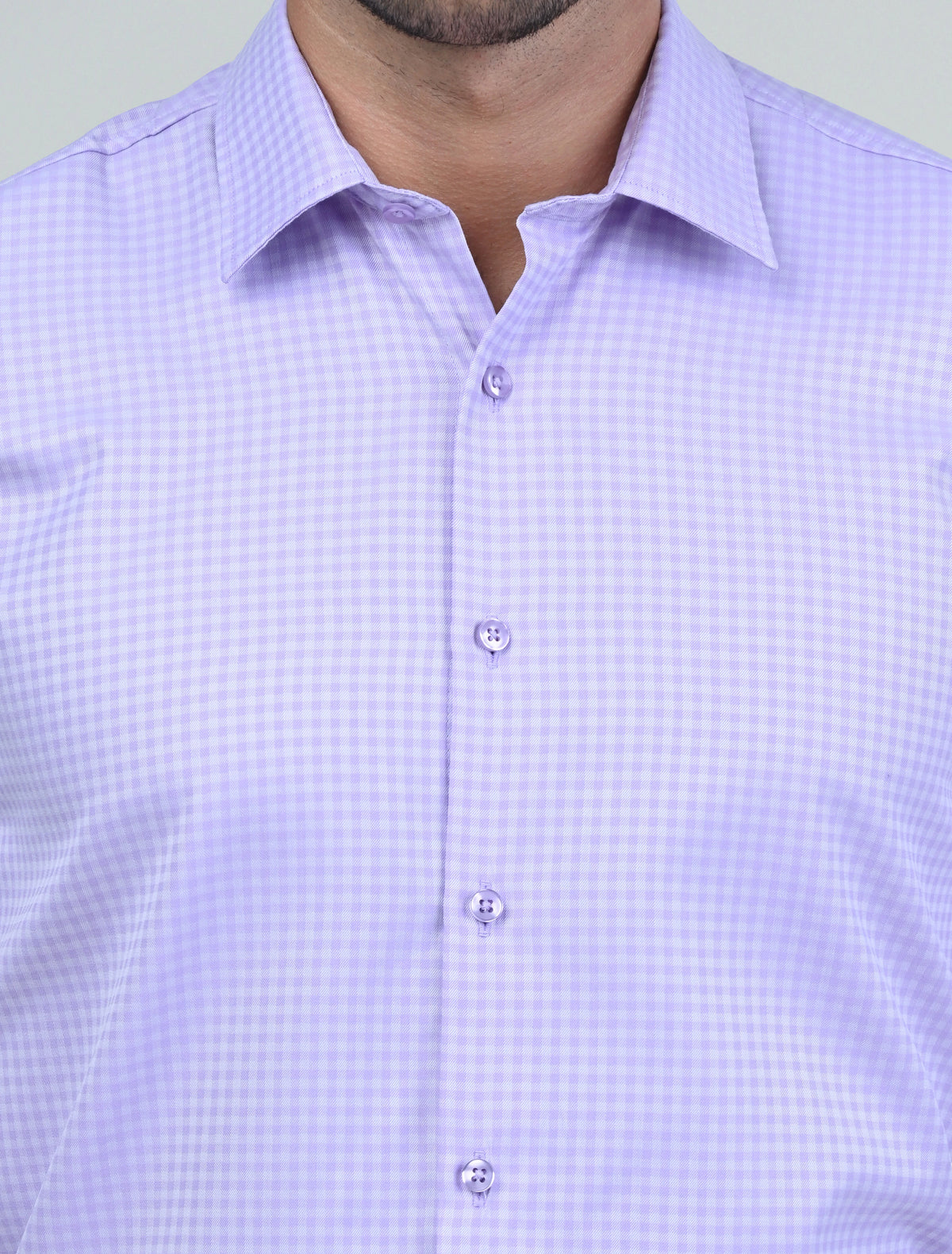 Close-up of the Marshall Menswear Belgrave Purple men's smart casual shirt highlighting the subtle micro-check pattern, spread collar, button placket and refined detailing.