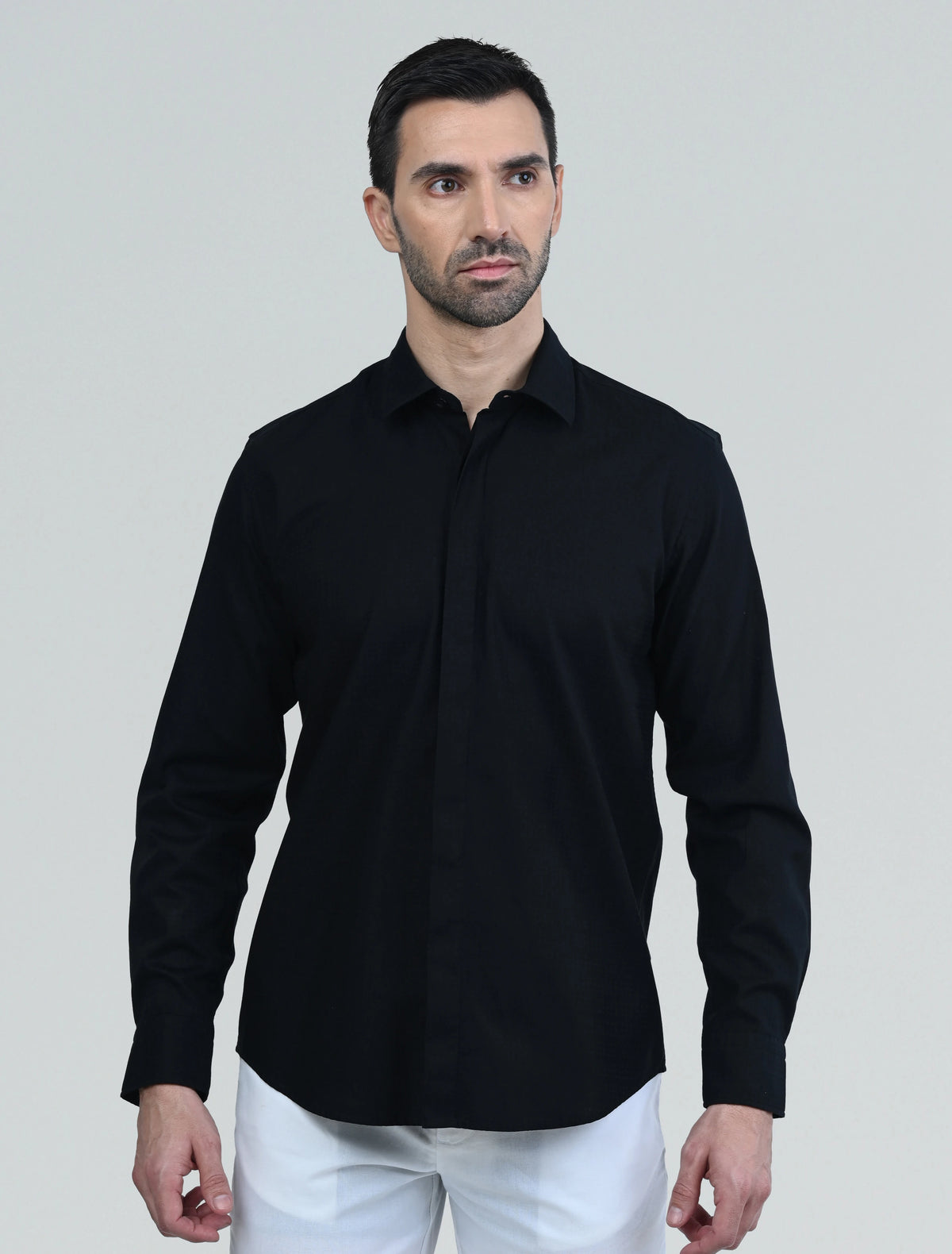 Marshall Menswear Lucien Black men's casual n shirt showcasing lightweight linen fabric, a tailored silhouette and versatile smart casual styling.