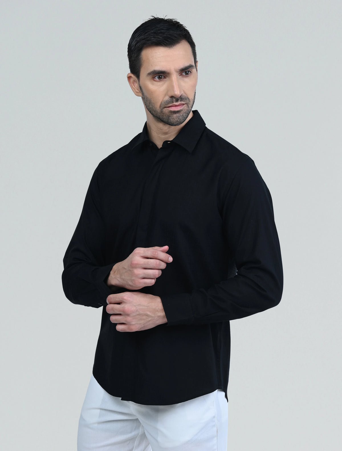 Front view of the Marshall Menswear Lucien Black men's casual shirt featuring breathable linen fabric, a spread collar, long sleeves and a tailored fit for effortless smart casual style.