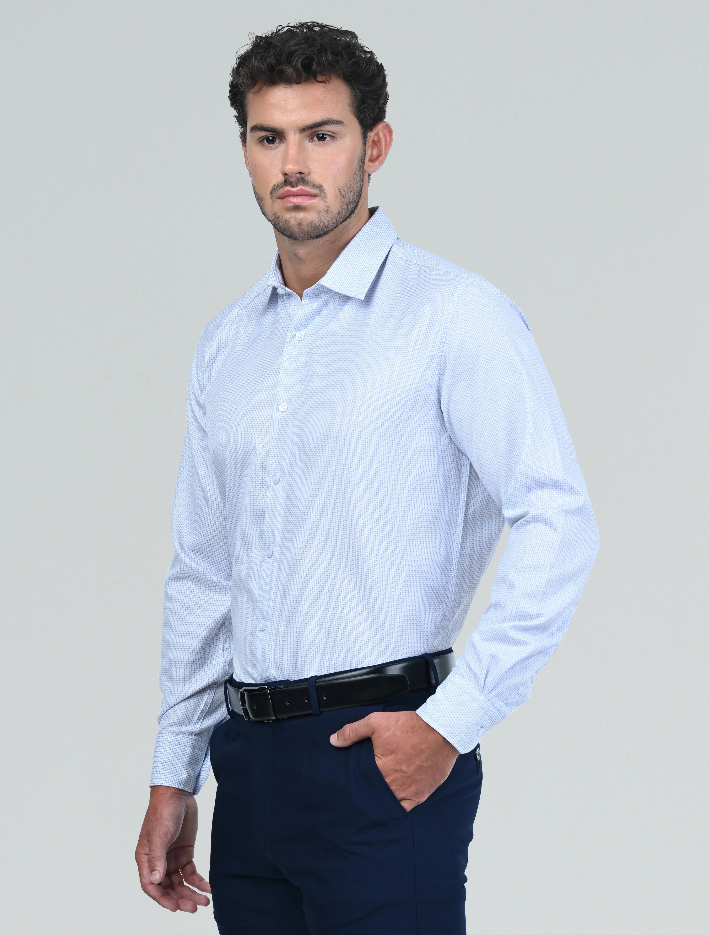 Side view of the Marshall Menswear Montague White men's dress shirt showcasing the tailored silhouette and subtle textured pattern for a refined smart casual look.
