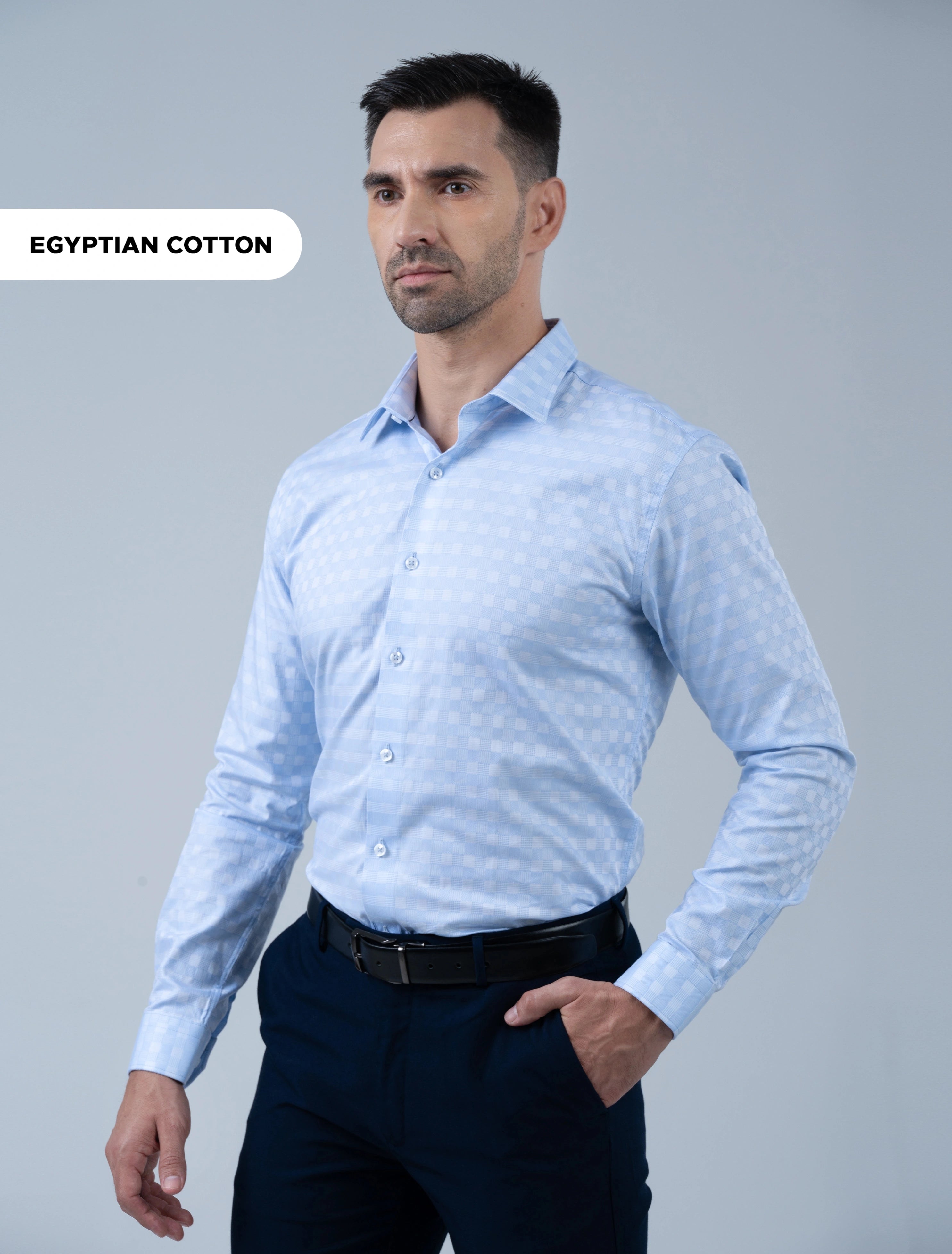 Marshall Menswear Marcello premium sky blue Egyptian Giza cotton men's formal shirt with subtle check pattern, ideal for polished office wear and professional menswear.