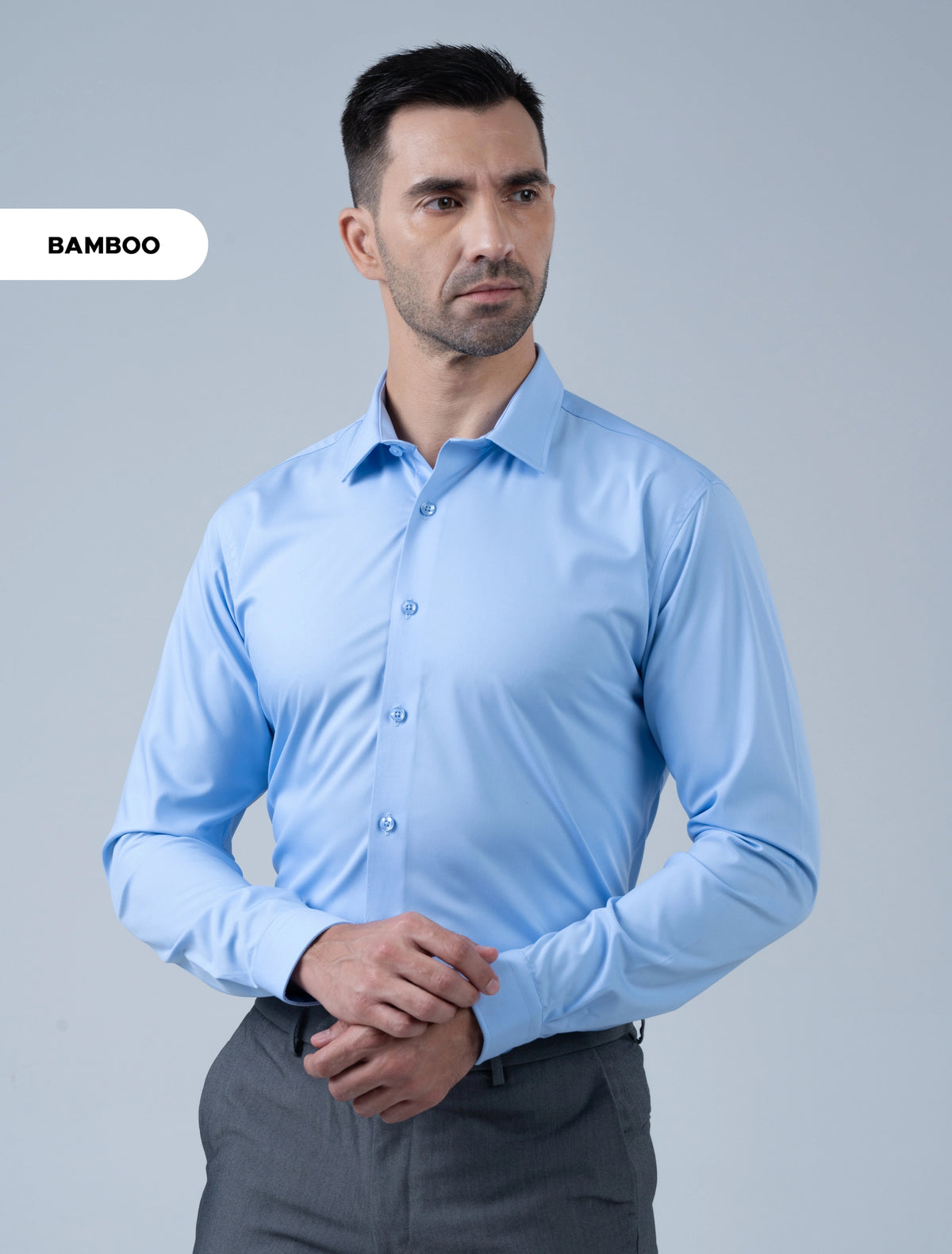 Marshall Menswear Bromley blue  bamboo men's office shirt with a clean refined silhouette, designed for business attire, corporate workwear and smart casual styling.