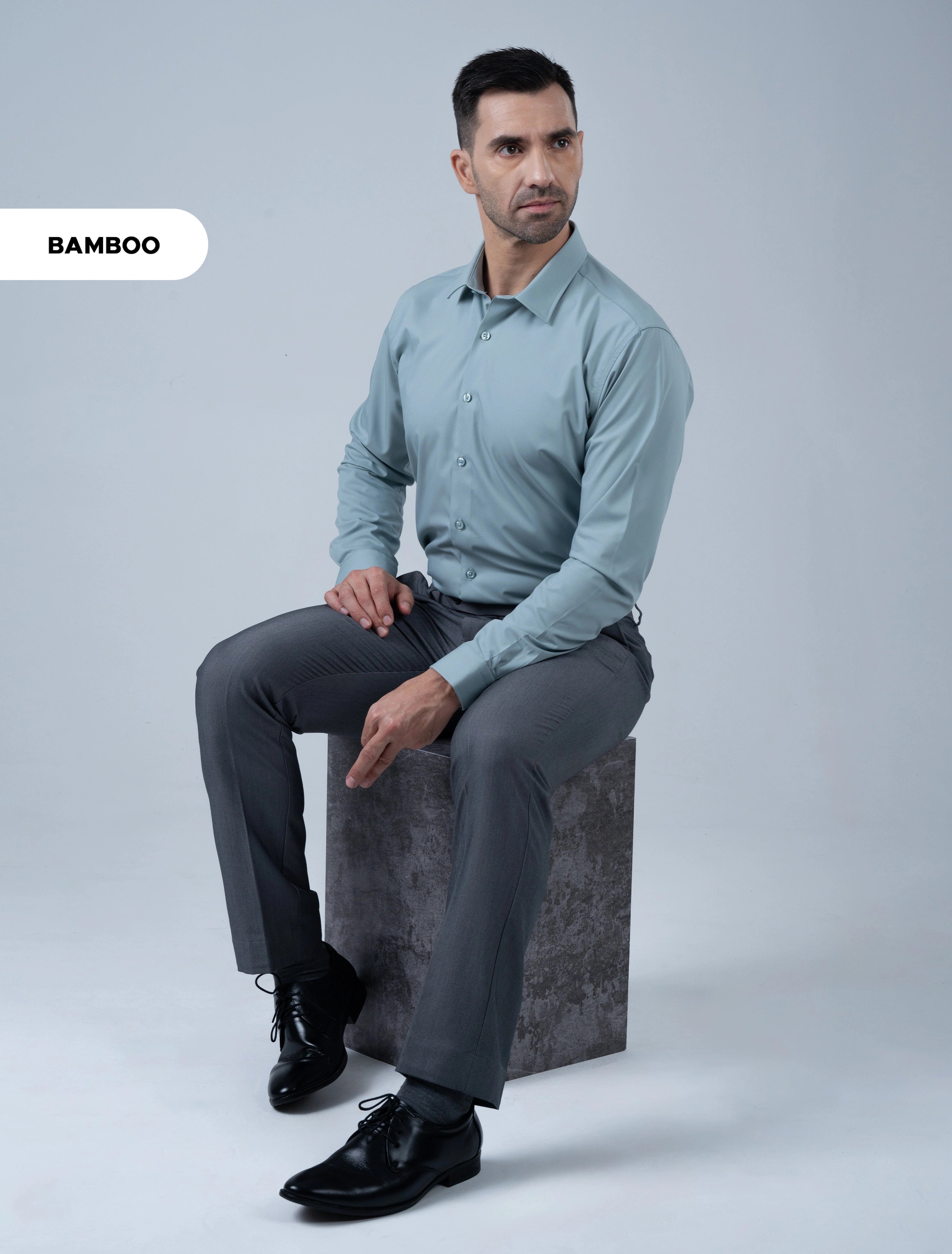 Marshall Menswear Bromley sage green bamboo shirt for men, styled as a versatile business casual shirt for office, work and smart casual wear.