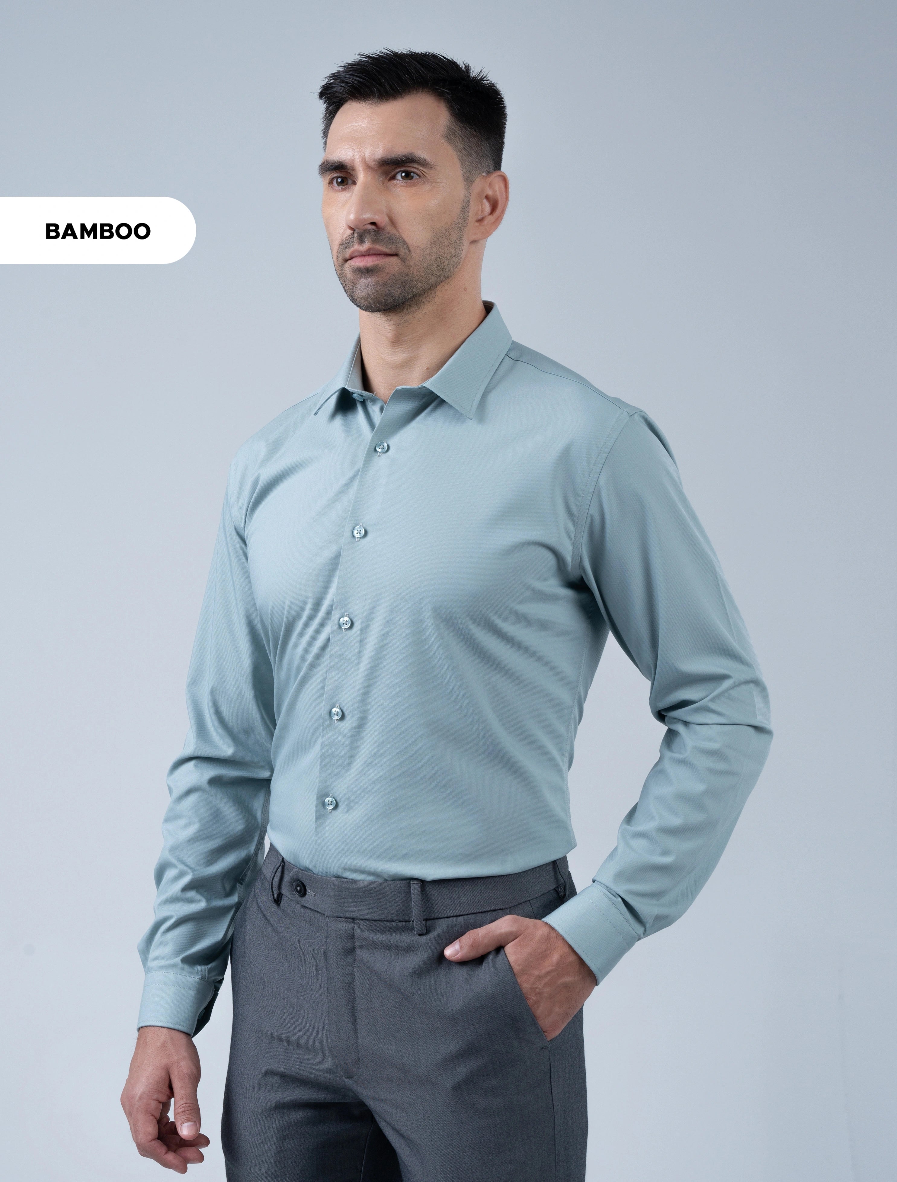 Marshall Menswear Bromley sage green men's bamboo dress shirt with a refined silhouette, ideal for business attire, office wear and professional workwear