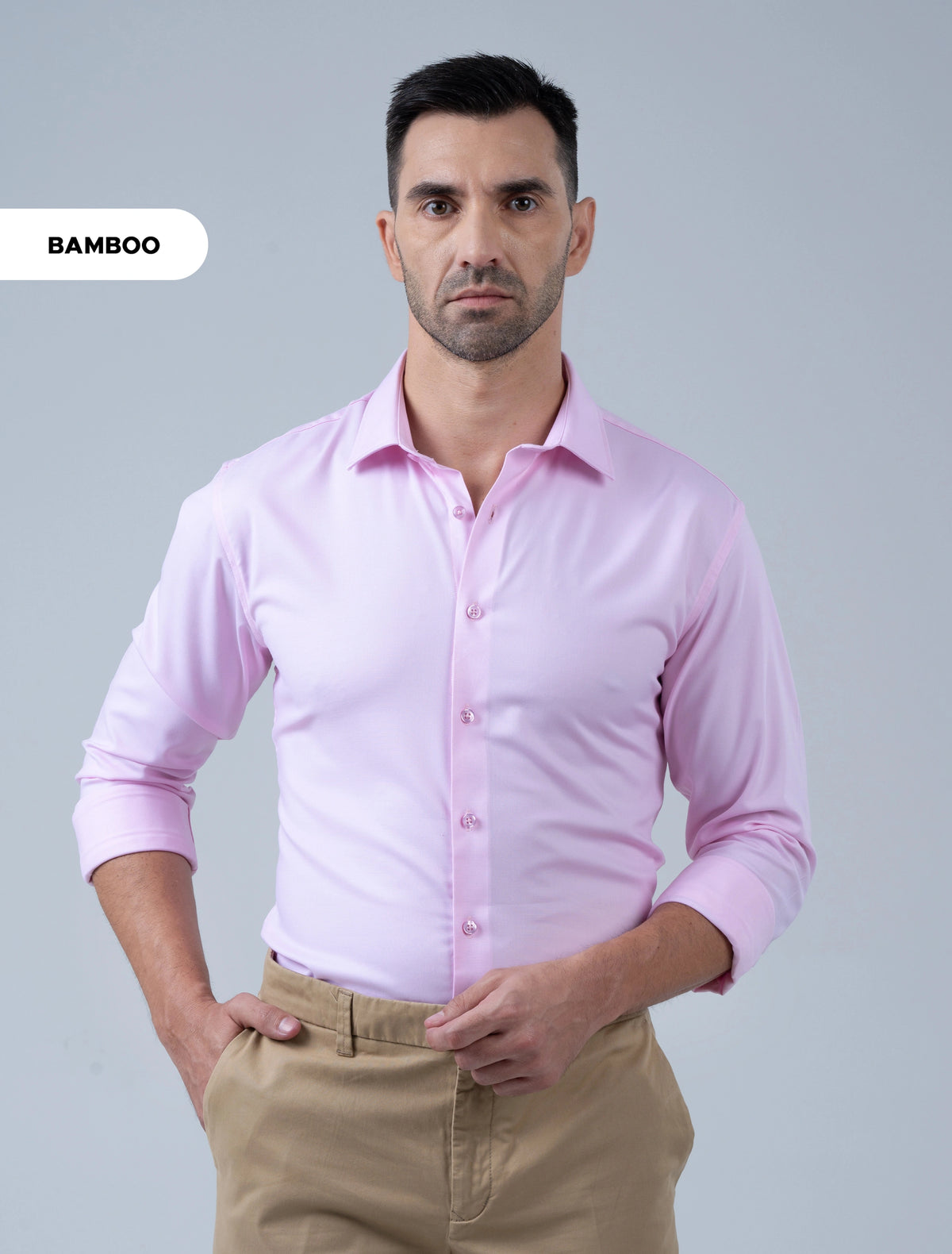 Marshall Menswear Ellington premium pink men's bamboo shirt with rolled sleeves, styled for smart casual, business casual and relaxed weekend wear.