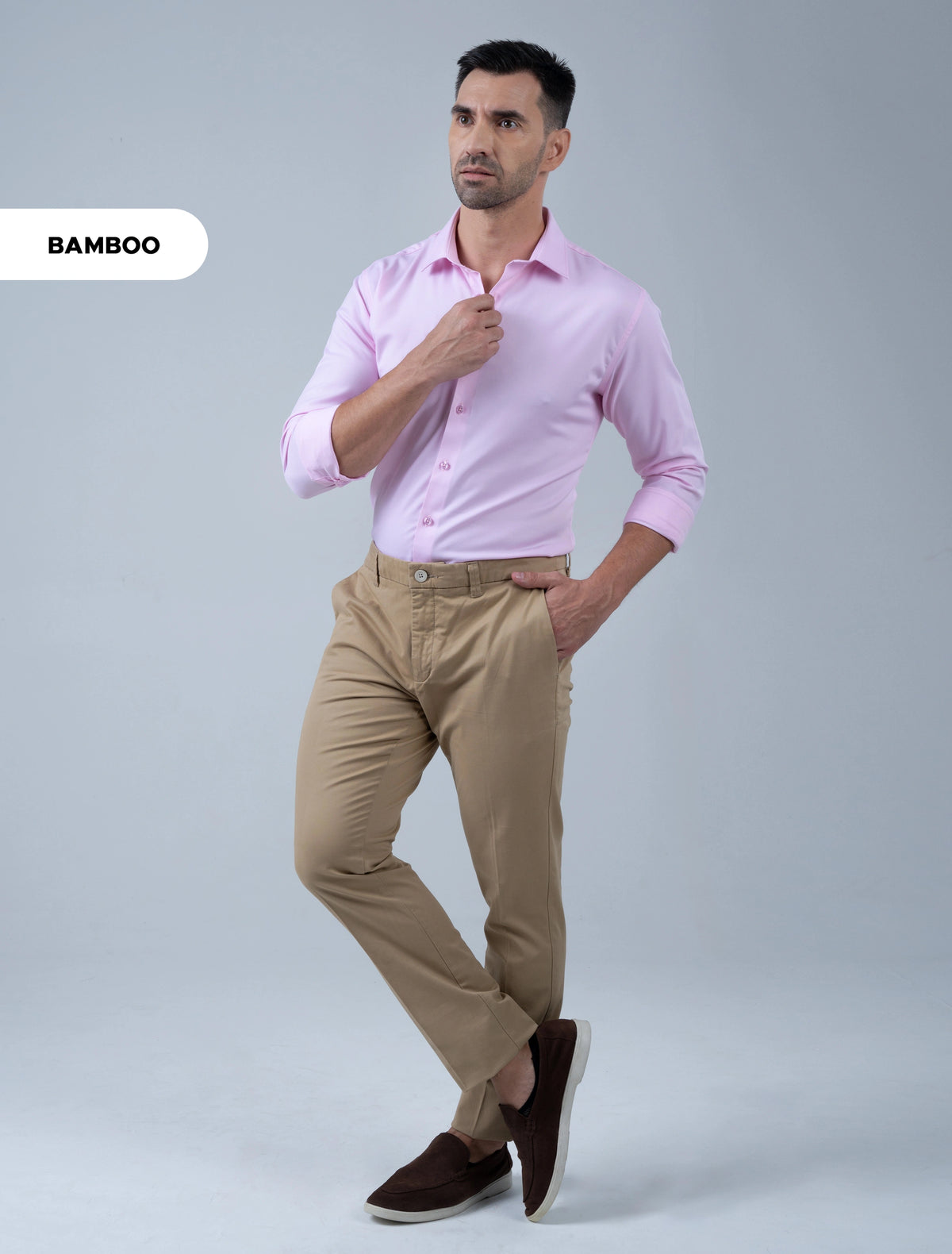 Marshall Menswear Ellington premium pink bamboo shirt for men styled with beige trousers, a versatile smart casual shirt for weekends, dinners and everyday wear.