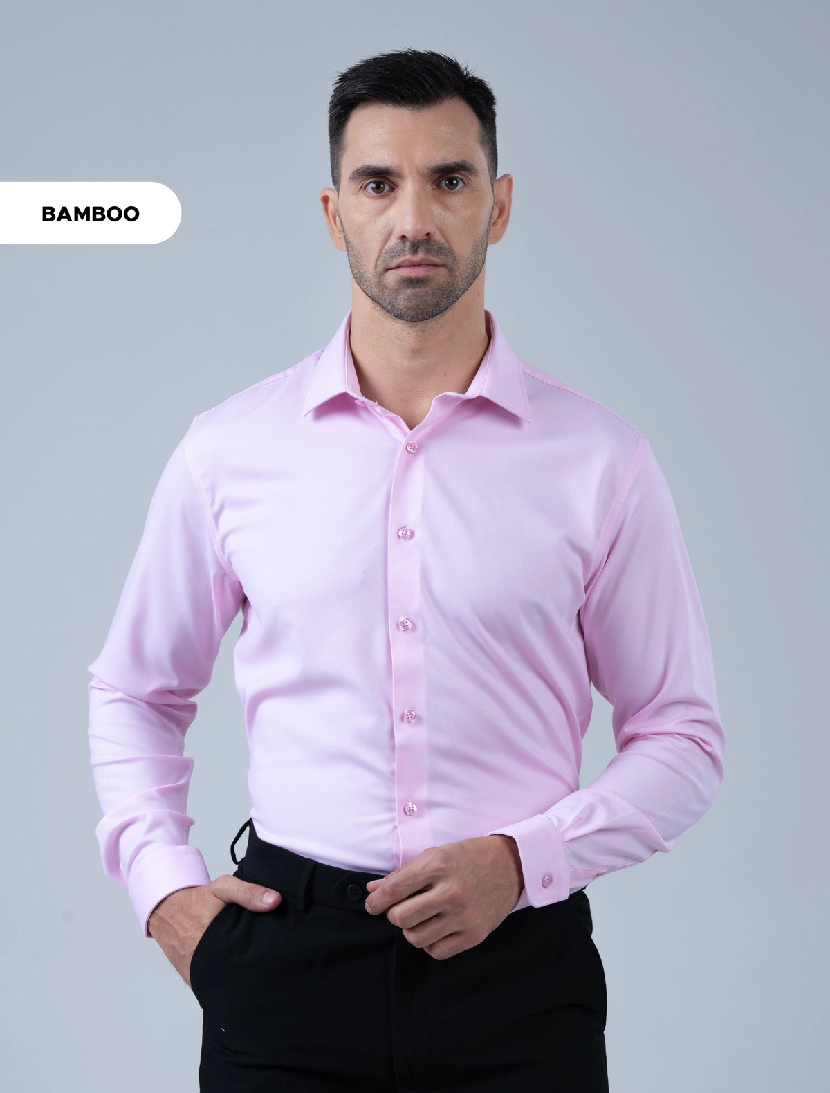 Marshall Menswear Ellington premium pink men's bamboo dress shirt styled with black trousers, ideal for business casual, dinners and special occasions