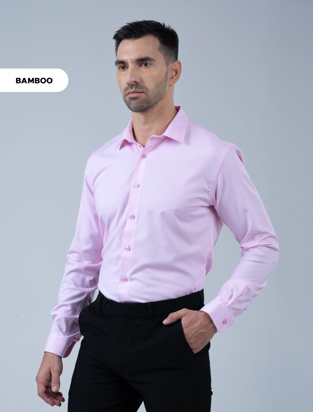 Marshall Menswear Ellington premium pink bamboo dress shirt for men with a refined silhouette, designed for versatile business casual and smart evening styling.