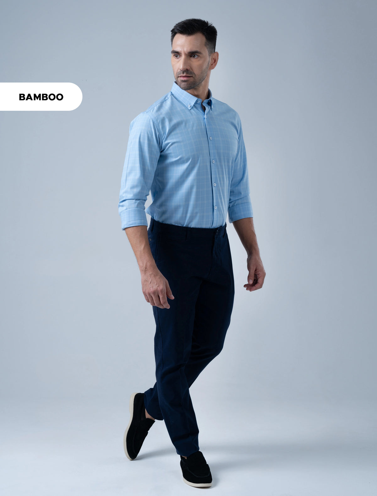 Marshall Menswear Hartley men's light blue  bamboo check shirt styled with navy pants, a smart casual business shirt for work, office and everyday wear.