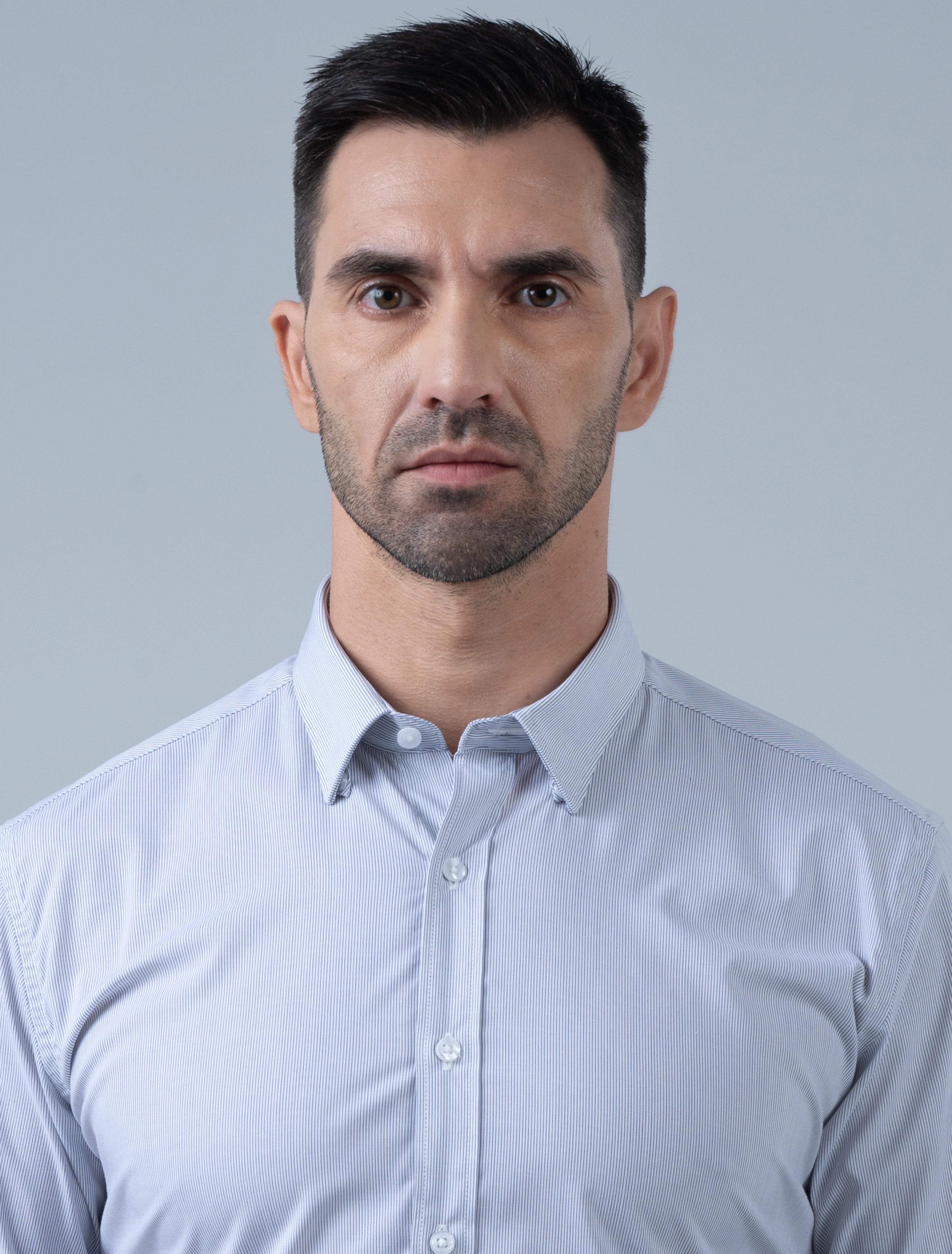 Marshall Menswear Hartwell pale grey stripe men's office shirt close-up featuring a crisp collar and fine stripe pattern for polished professional workwear