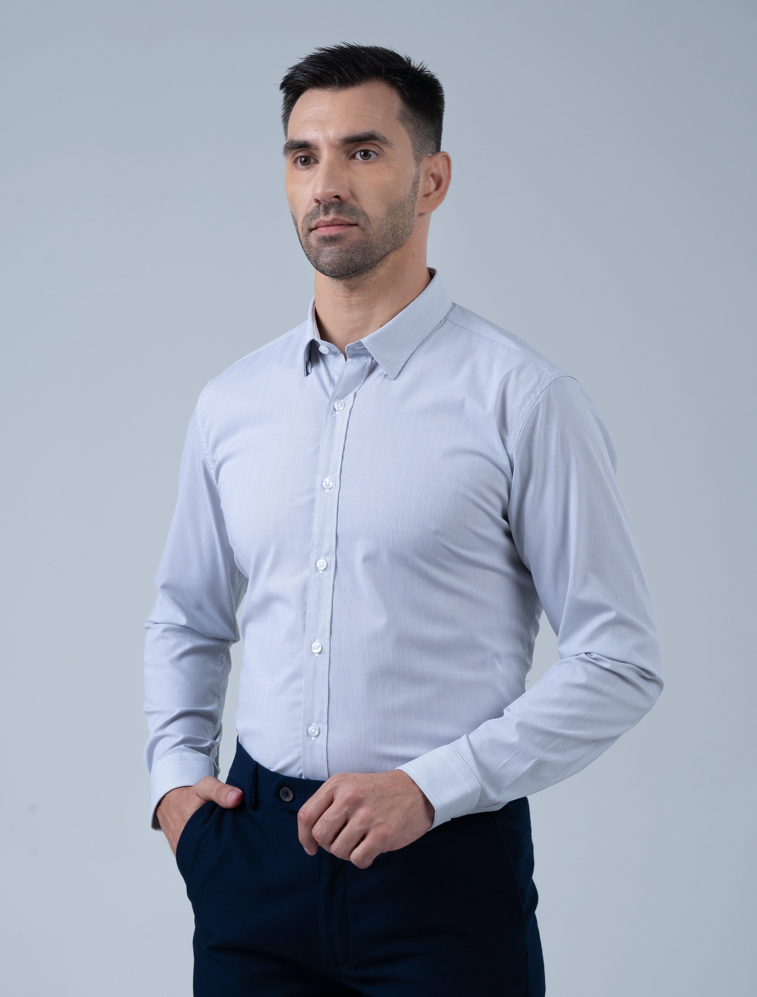 Men's pale grey stripe business shirt by Marshall Menswear, styled with dress trousers for a sharp professional office and workplace look