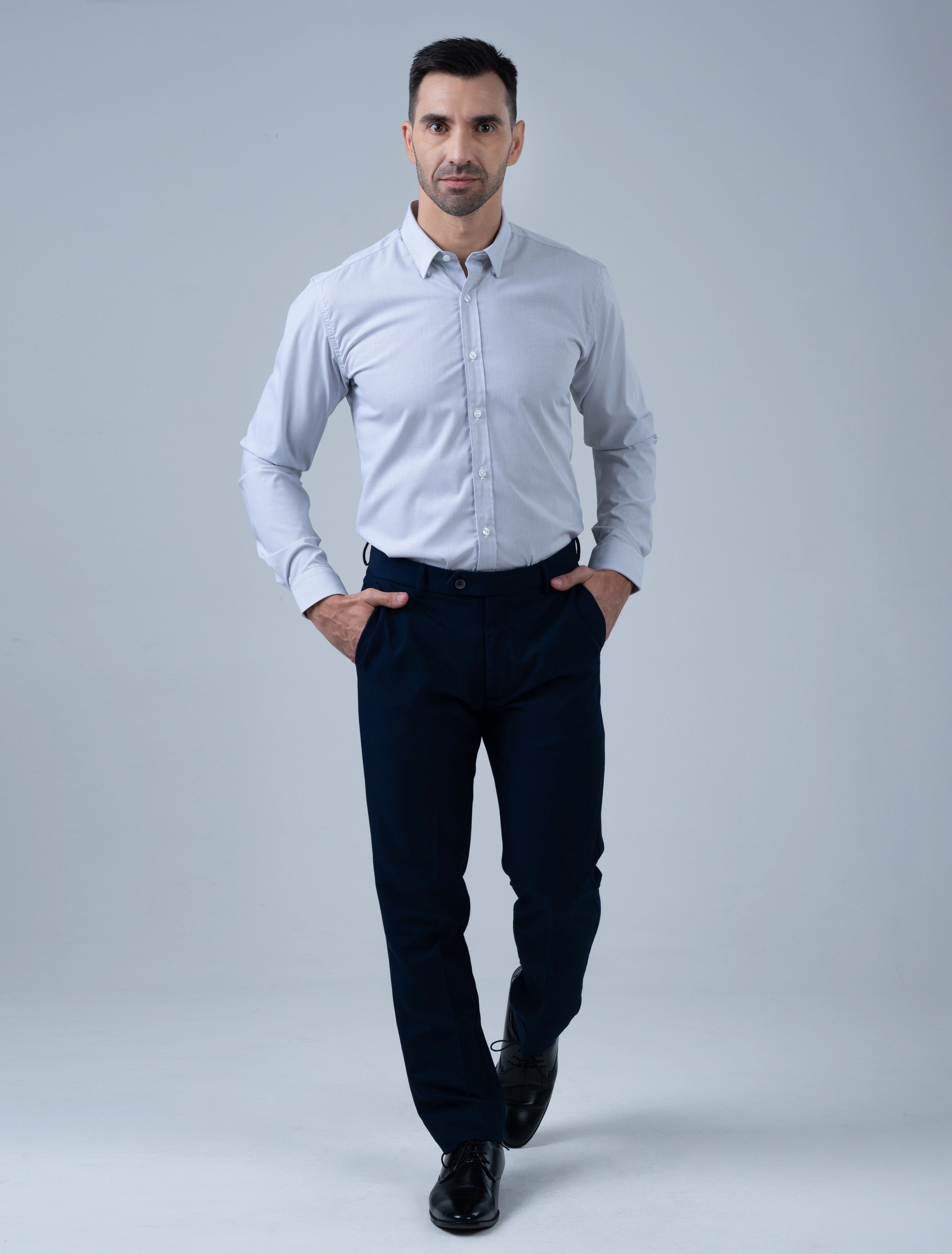 Marshall Menswear Hartwell men's pale grey striped work shirt full-body view, styled with tailored trousers and dress shoes for professional business attire