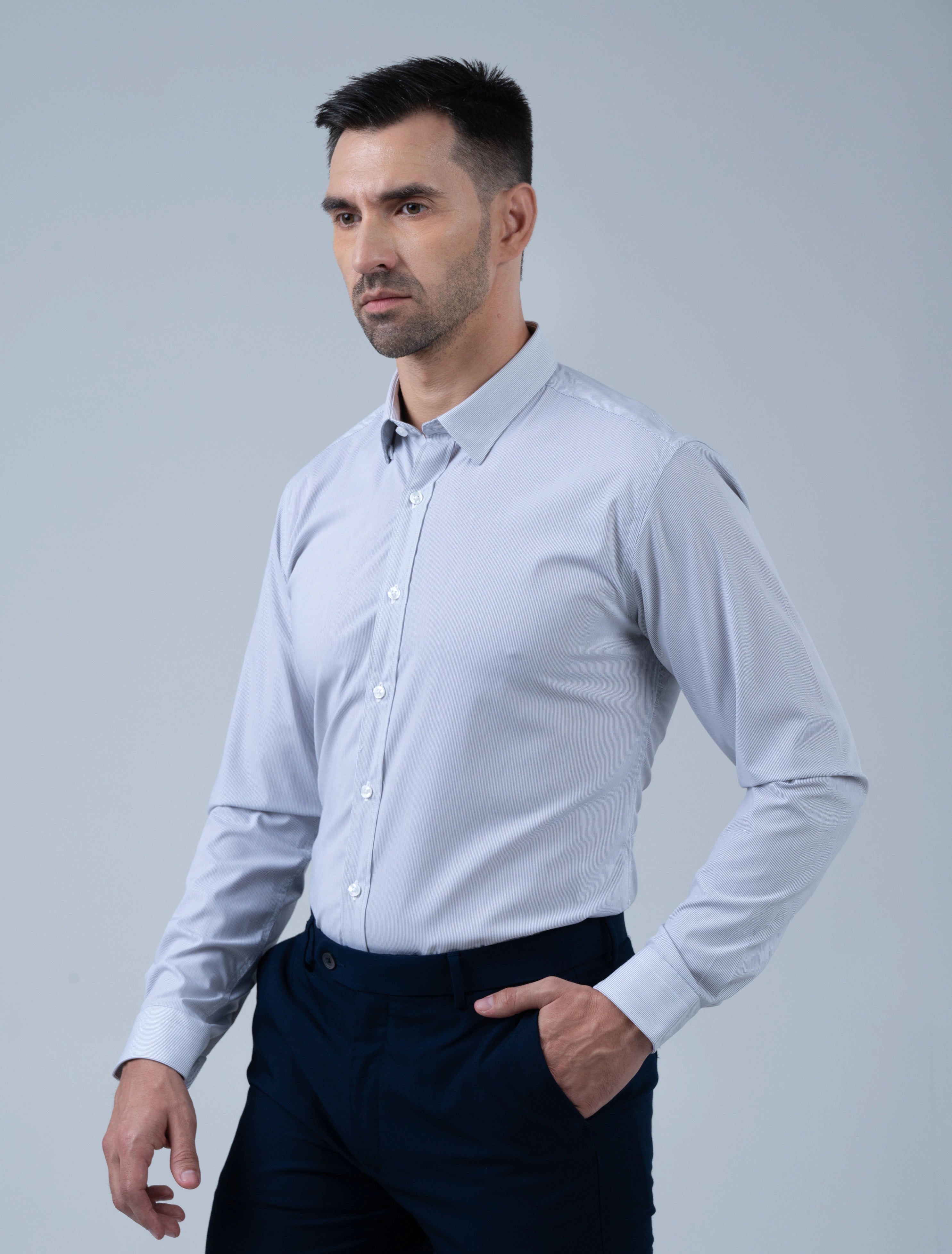 Marshall Menswear Hartwell pale grey stripe men's office shirt side view, featuring a clean refined silhouette for business wear and everyday workplace attire.