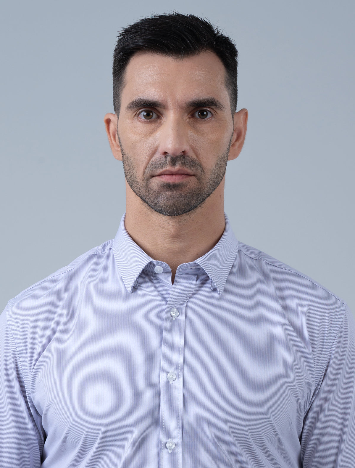 Marshall Menswear Hartwell lavender stripe men's office shirt close-up featuring a crisp collar and fine stripe pattern for polished professional workwear