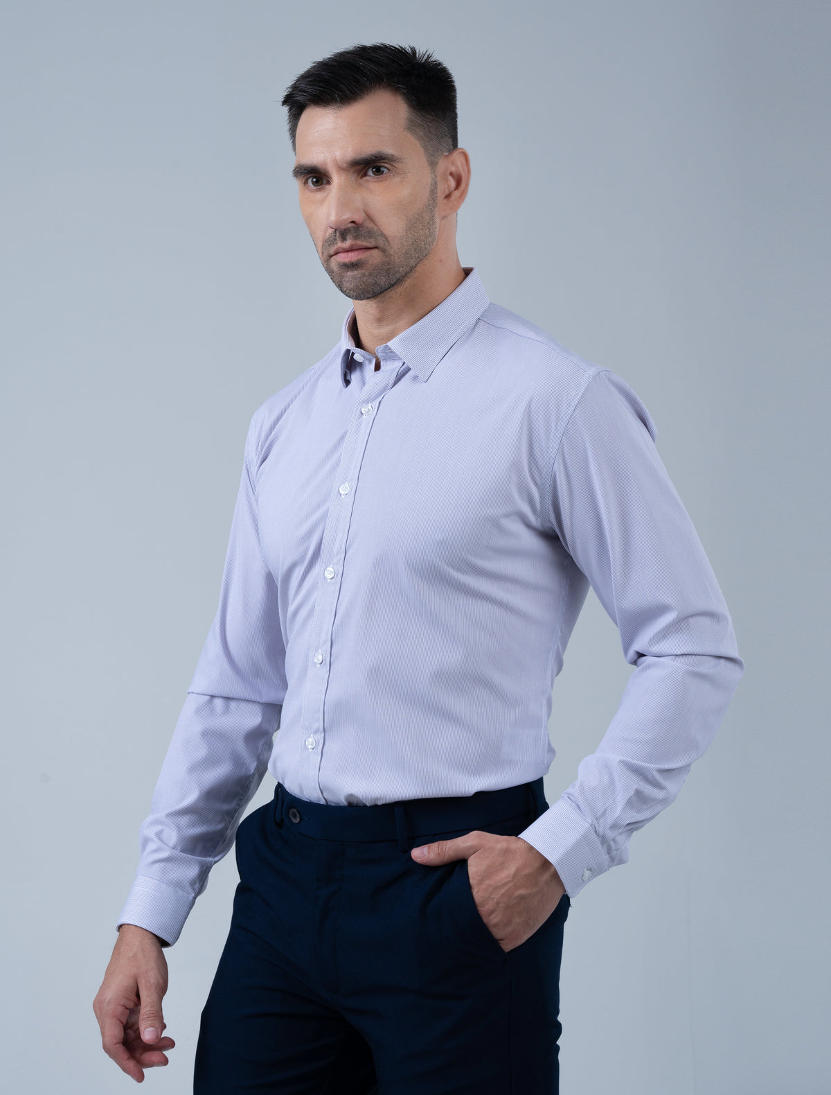 Marshall Menswear Hartwell lavender stripe men's office shirt side view, featuring a clean refined silhouette for business wear and everyday workplace attire