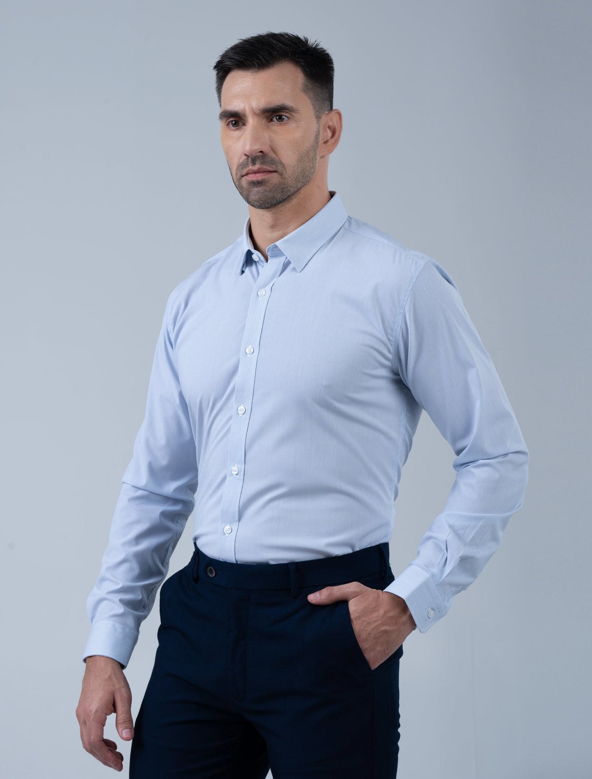 Marshall Menswear Hartwell blue stripe men's office shirt side view, featuring a clean refined silhouette for business wear and everyday workplace attire