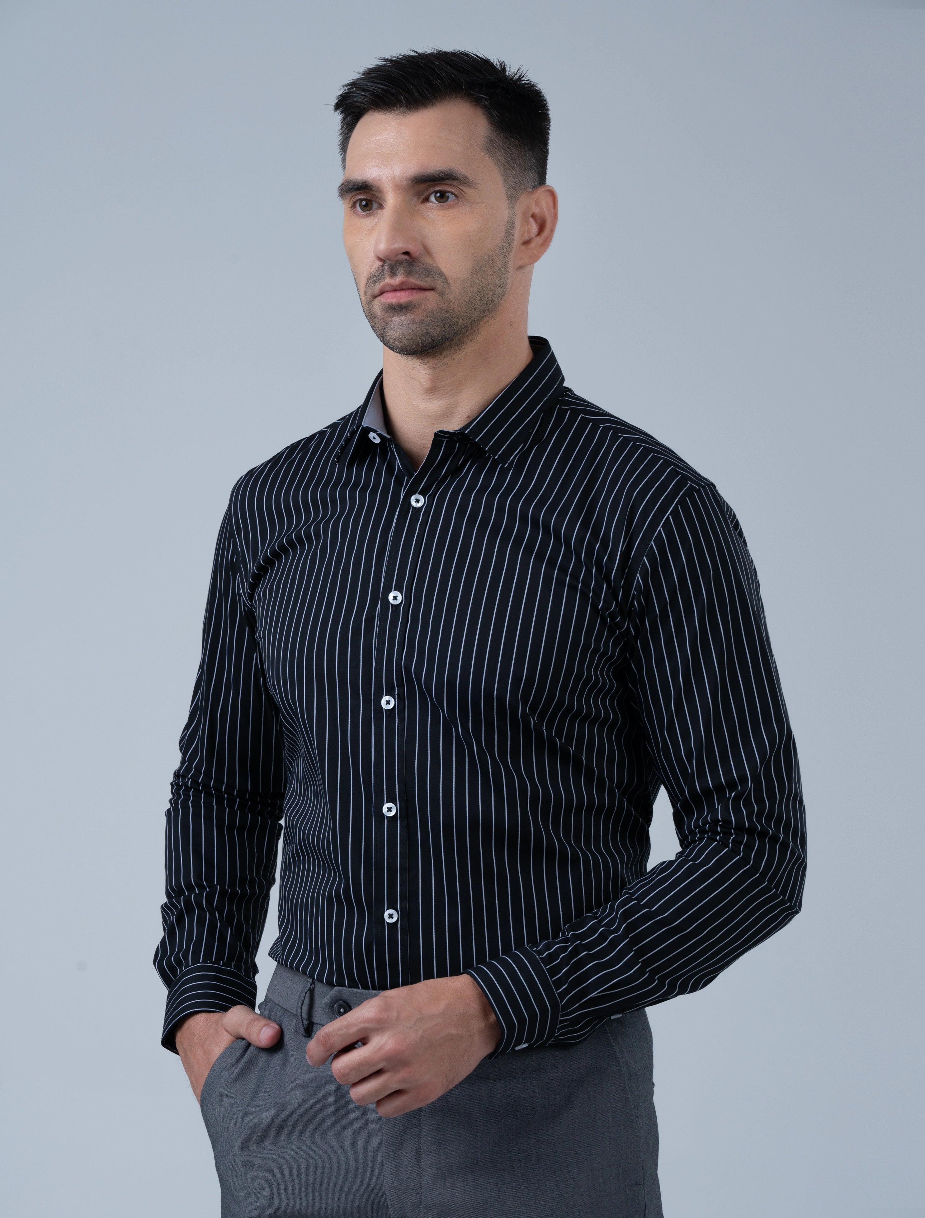 Men's black striped smart casual shirt by Marshall Menswear, featuring a sharp modern silhouette for dinners, evenings out and elevated casual wear.
