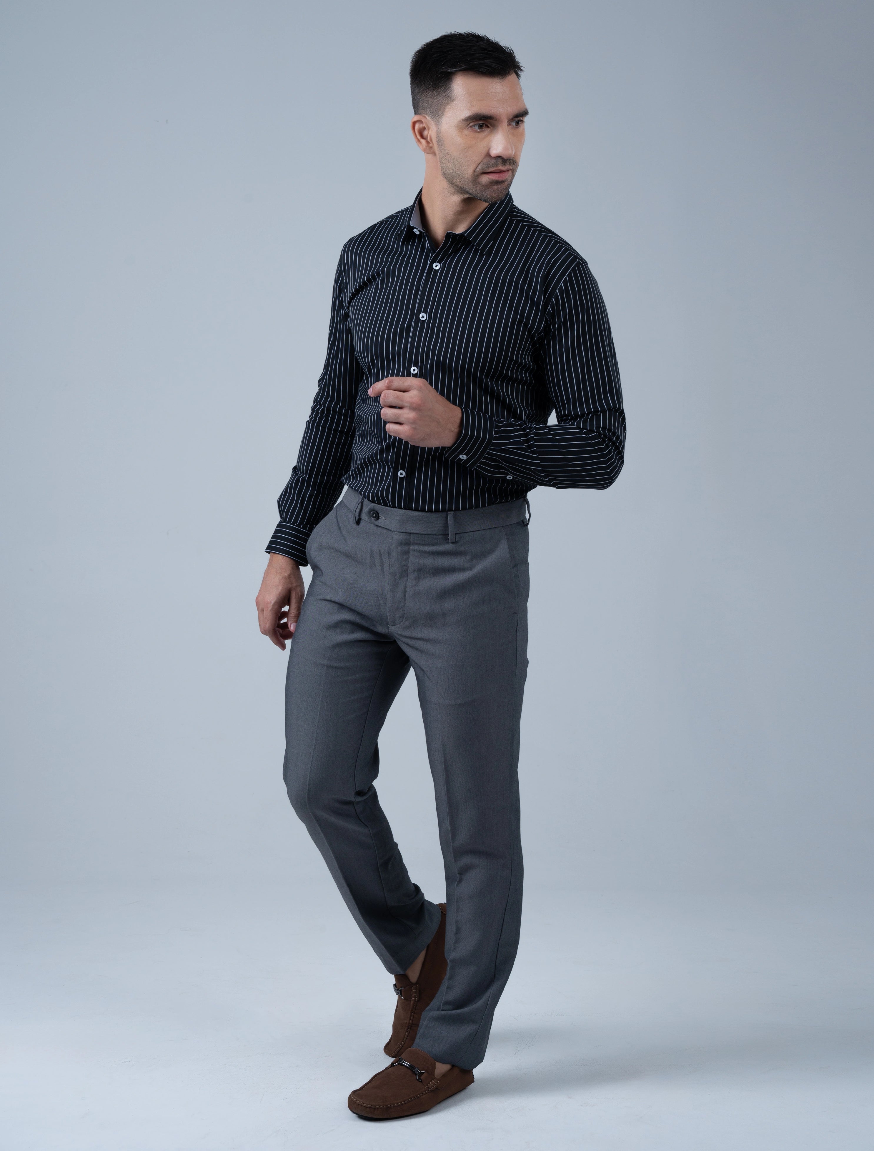 Marshall Menswear Kingsley men's black stripe shirt full-body view, styled with smart trousers for a sophisticated men's smart casual outfit