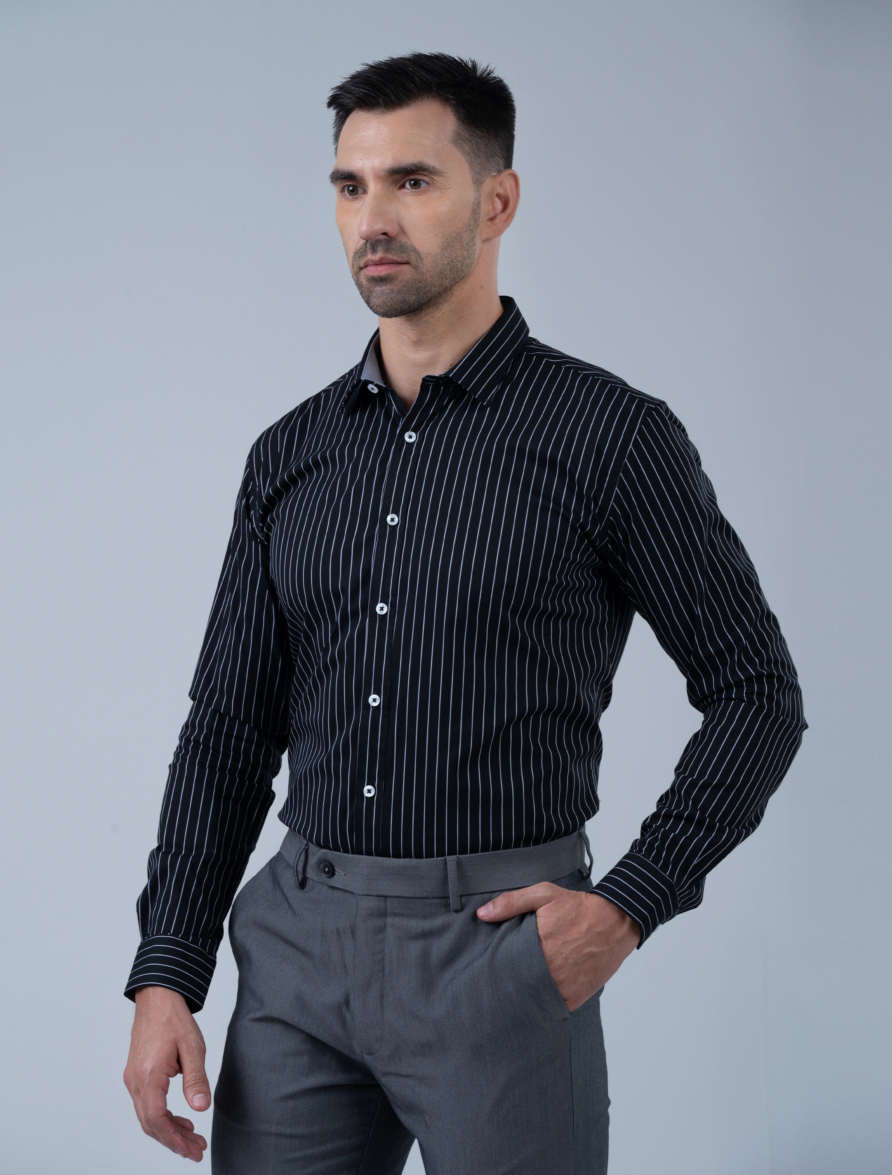 Men's black vertical stripe shirt by Marshall Menswear featuring a clean refined silhouette, designed for smart casual occasions and modern everyday wear.