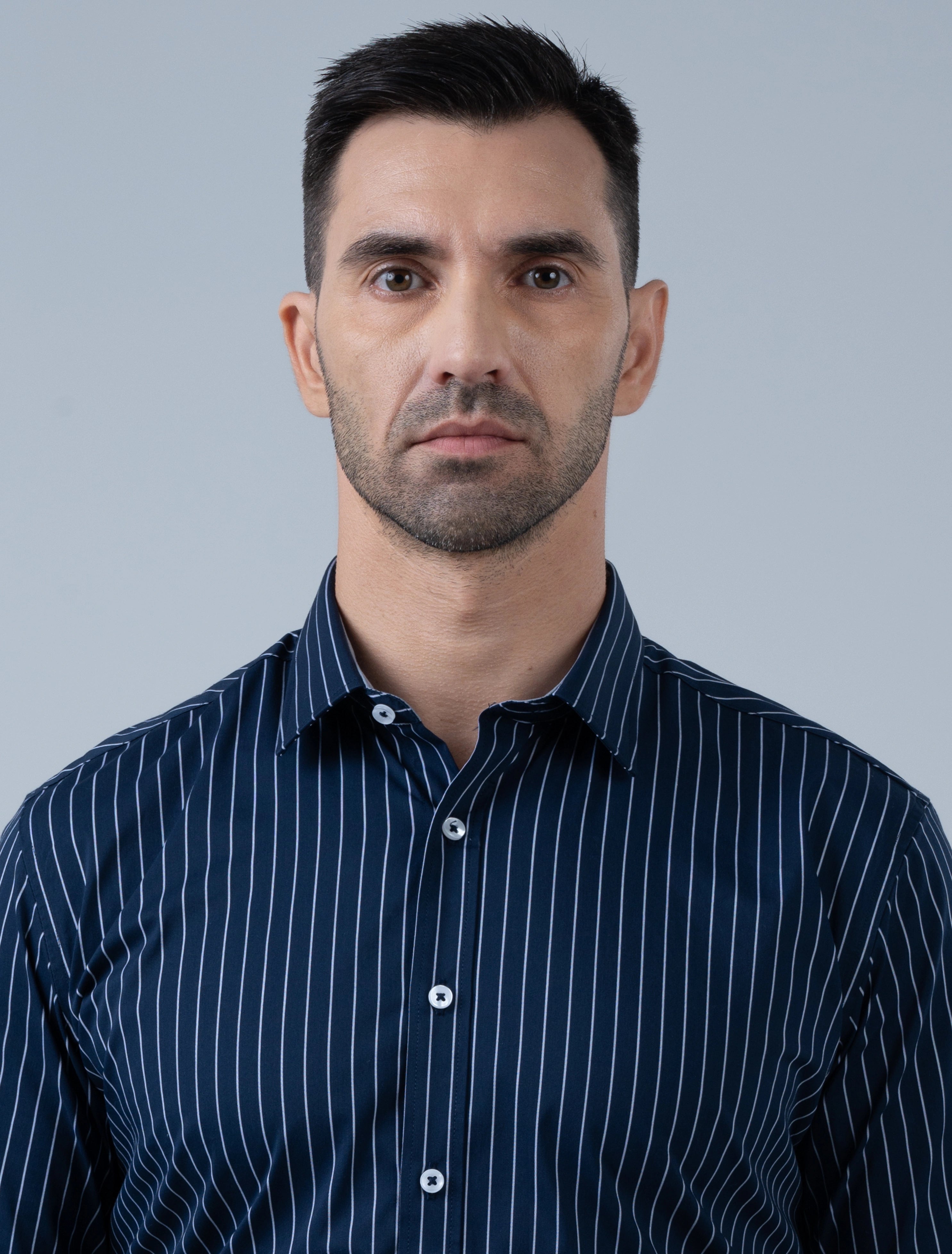 Marshall Menswear Kingsley navy blue stripe men's shirt with crisp collar, fine vertical stripes and refined detailing for elevated smart casual style.
