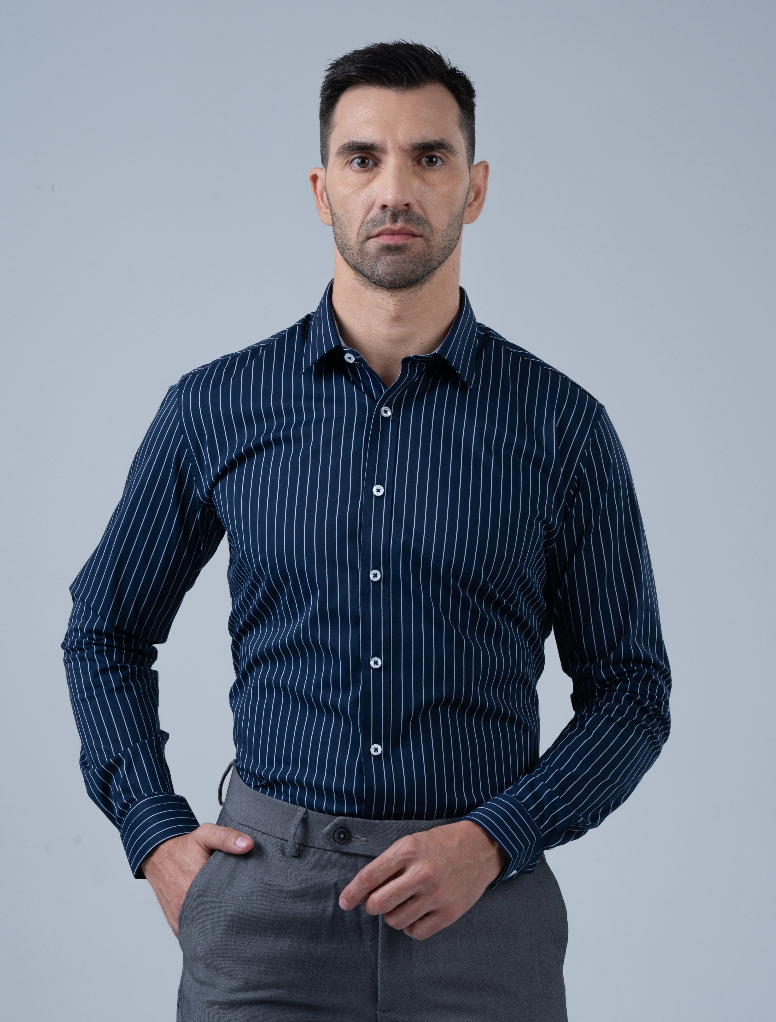Men's navy blue vertical stripe shirt by Marshall Menswear featuring a clean sharp silhouette, styled for smart casual occasions and elevated everyday wear.