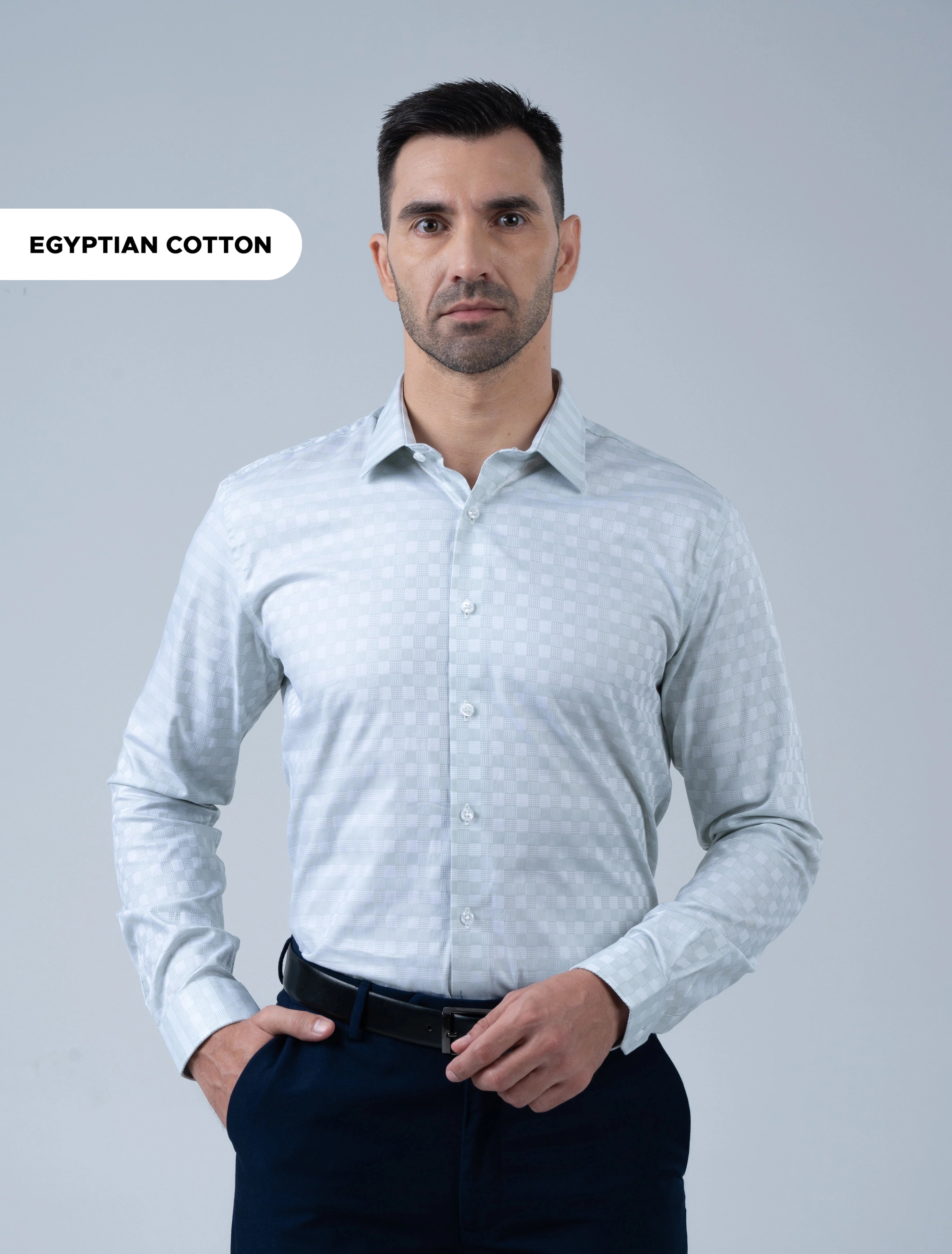 Marshall Menswear Marcello sage premium Egyptian Giza cotton men's business shirt with subtle check pattern, designed for sharp office wear and professional style