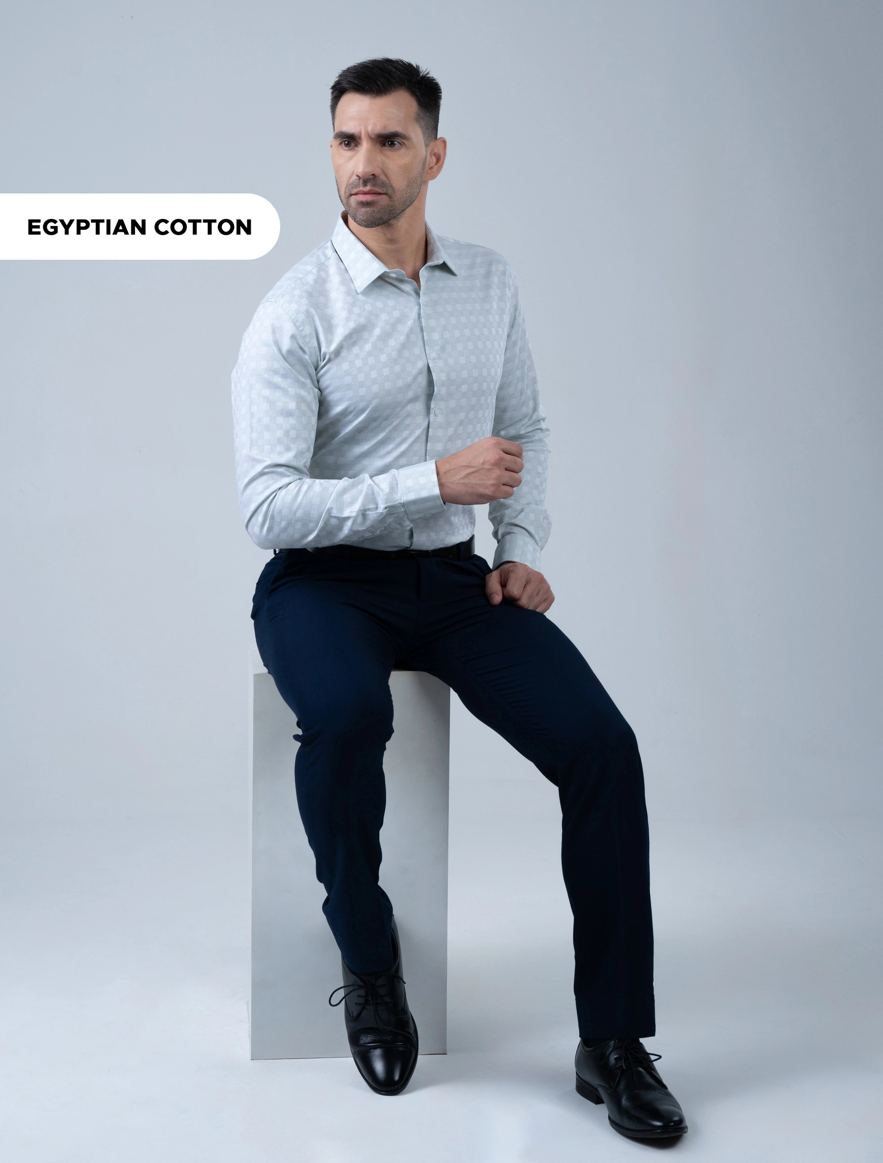 Marshall Menswear Marcello luxury sage Egyptian Giza cotton shirt for men, styled as a premium men's dress shirt for office, business casual and smart occasions.