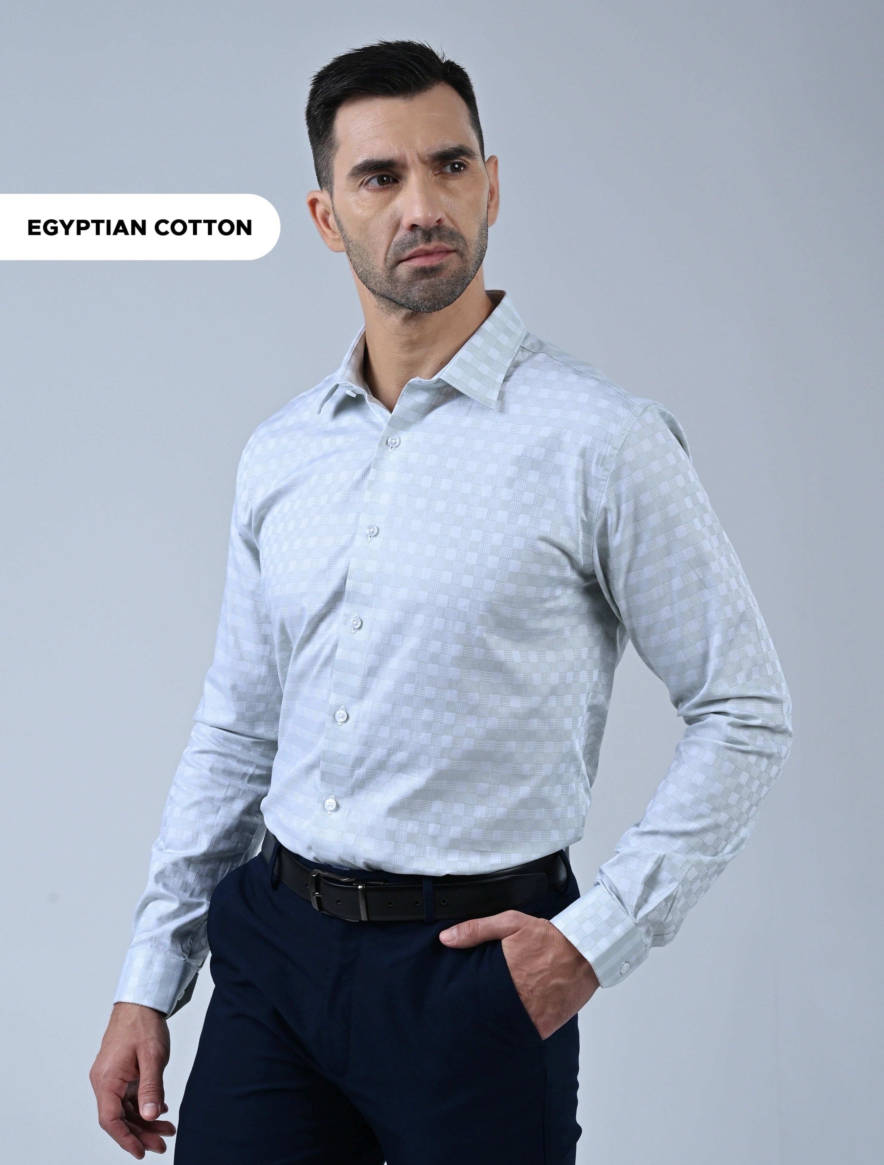 Marshall Menswear Marcello premium sage Egyptian Giza cotton men's formal shirt with subtle check pattern, ideal for polished office wear and professional menswear.