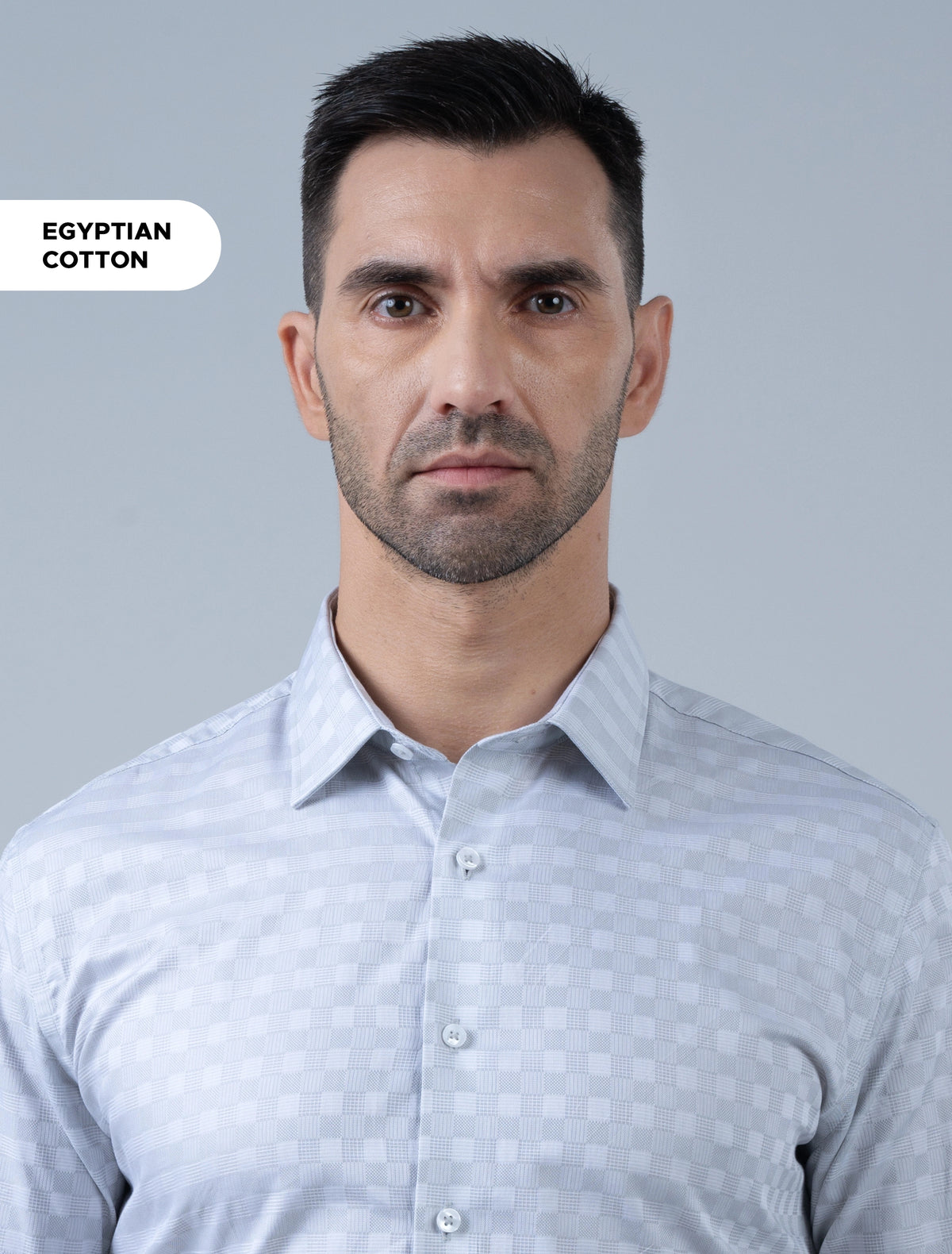 Marshall Menswear Marcello premium smoke Egyptian Giza cotton men's dress shirt with refined check texture and structured collar, ideal for office and business wear.