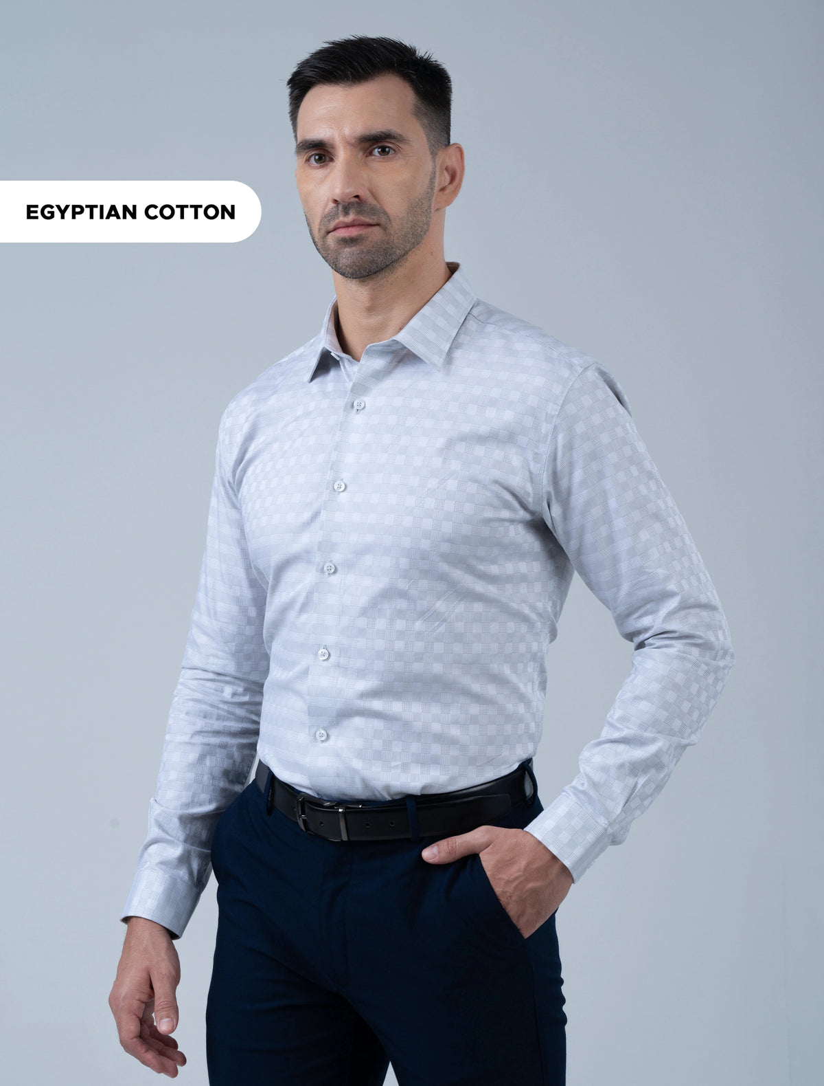 Marshall Menswear Marcello premium smoke Egyptian Giza cotton men's formal shirt with subtle check pattern, ideal for polished office wear and professional menswear.