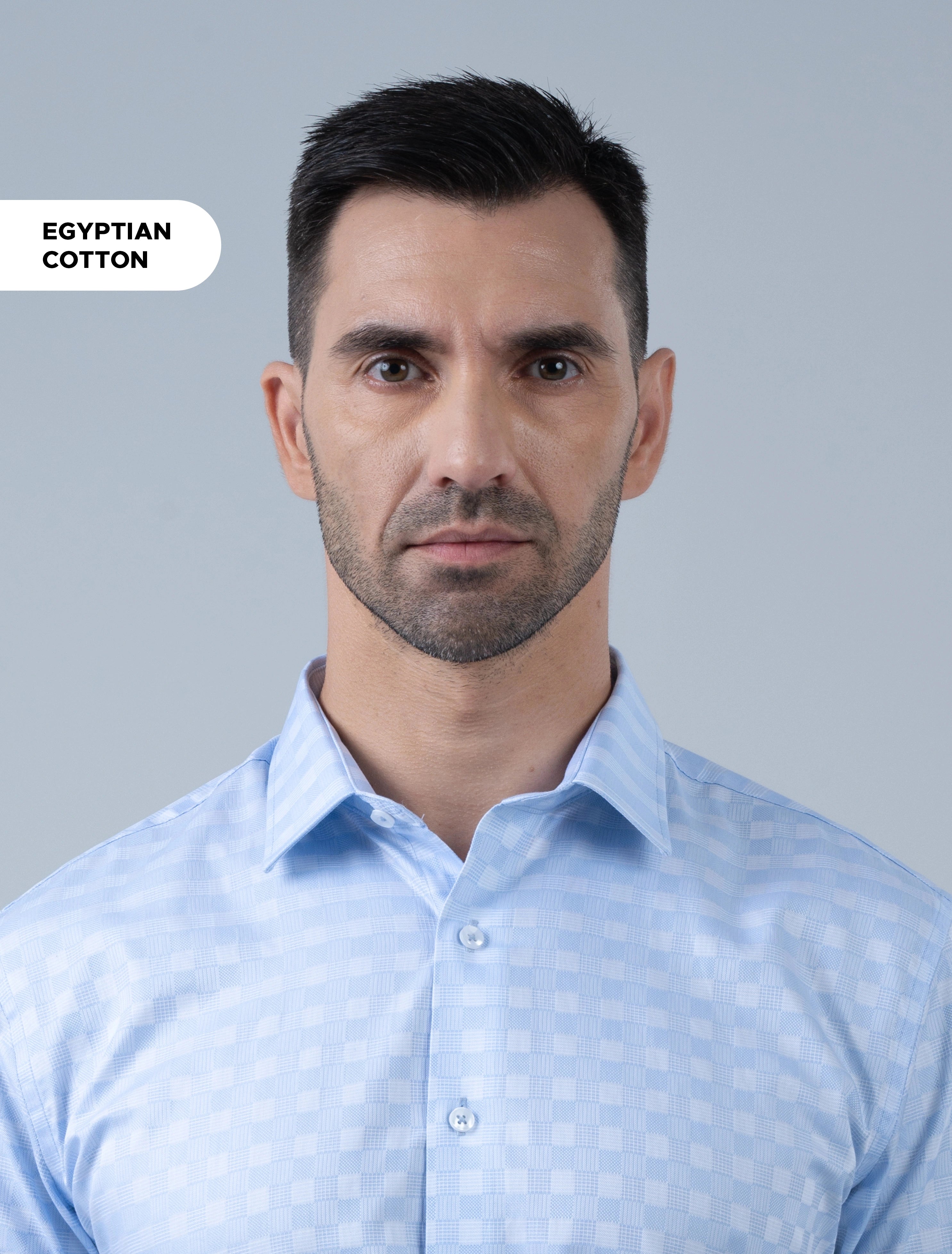 Marshall Menswear Marcello premium sky blue Egyptian Giza cotton men's dress shirt with refined check texture and structured collar, ideal for office and business wear