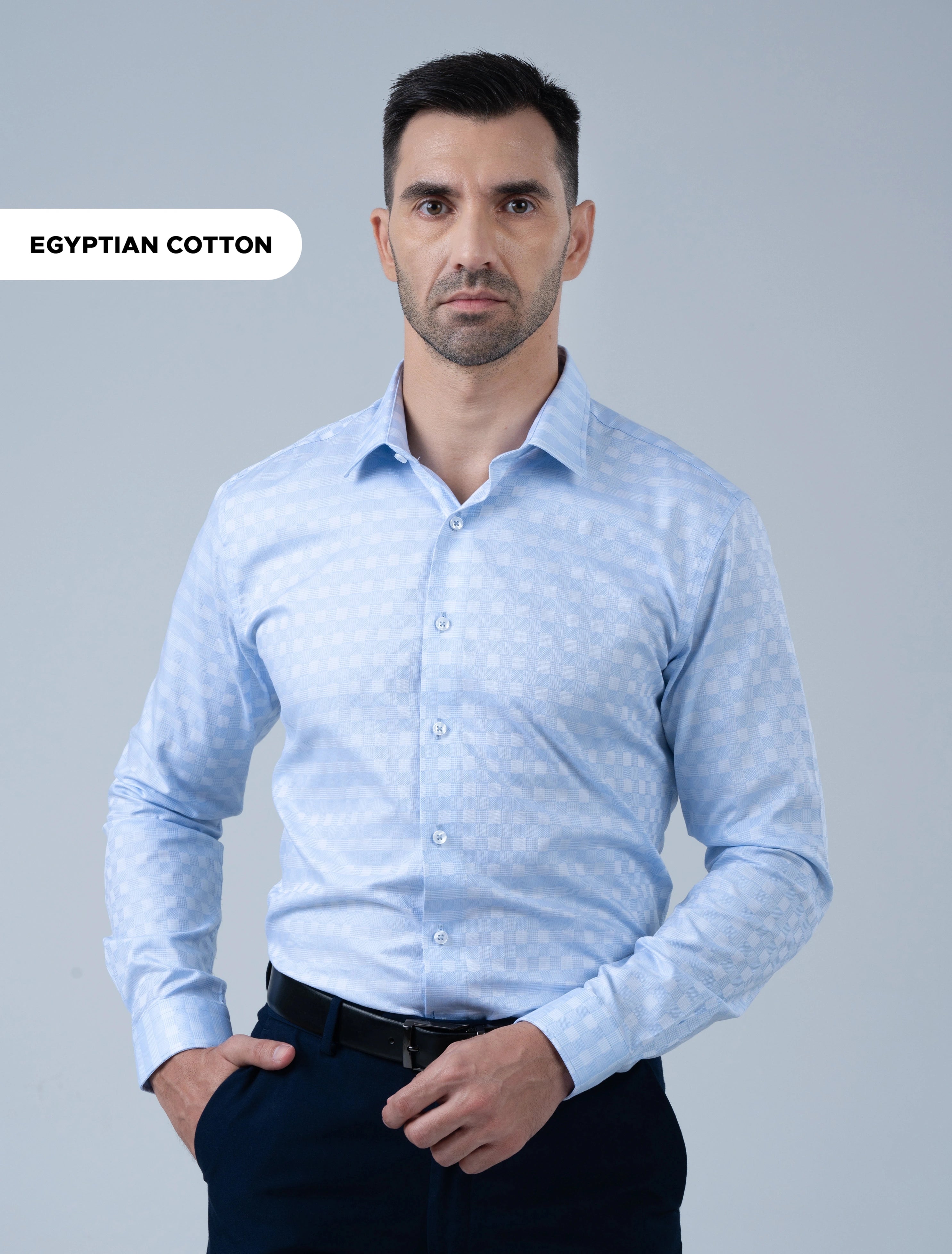 Marshall Menswear Marcello sky blue Egyptian Giza cotton men's business shirt with subtle check pattern, designed for sharp office wear and professional style.