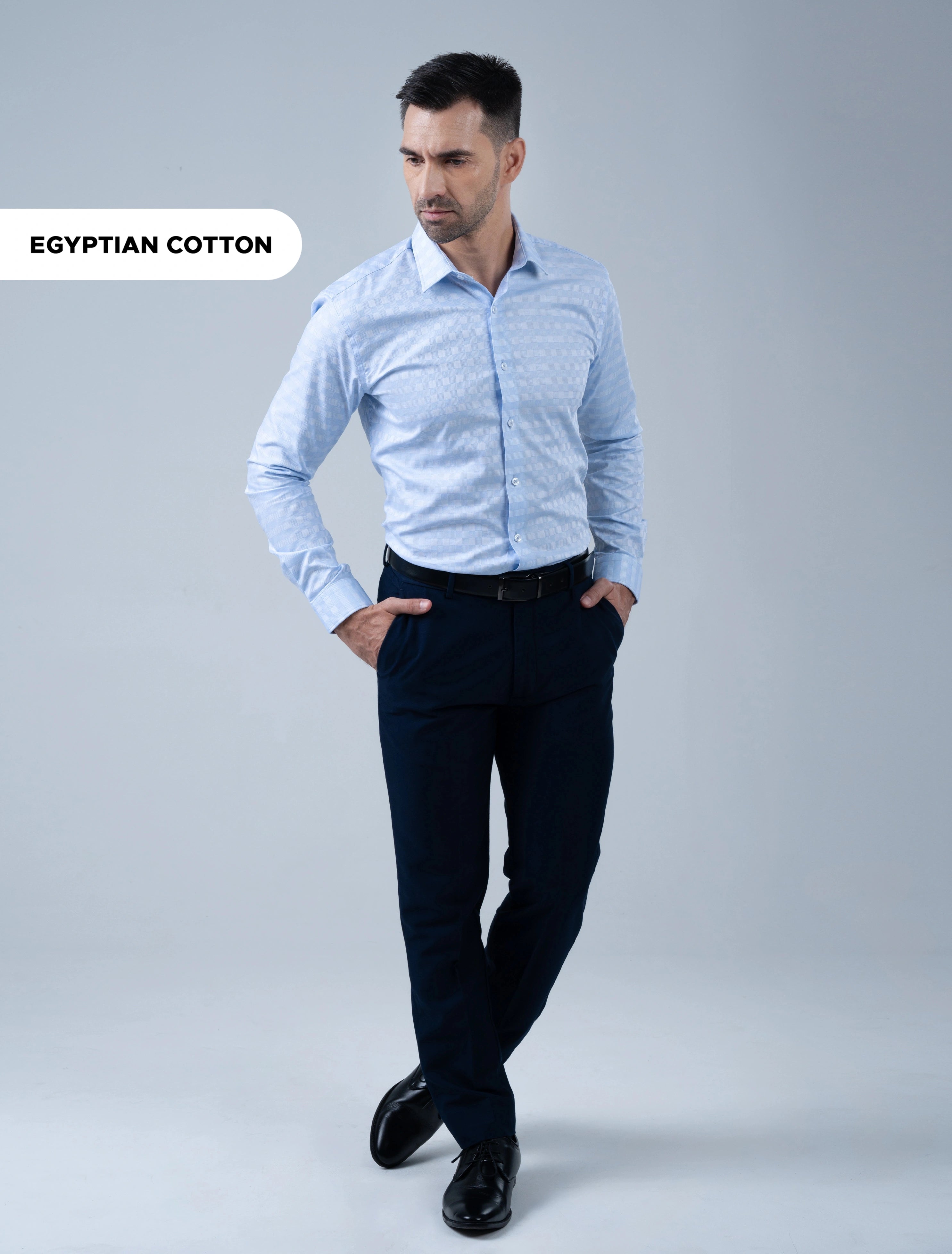 Marshall Menswear Marcello premium sky blue Egyptian Giza cotton men's office shirt styled for business, formal and professional wear.