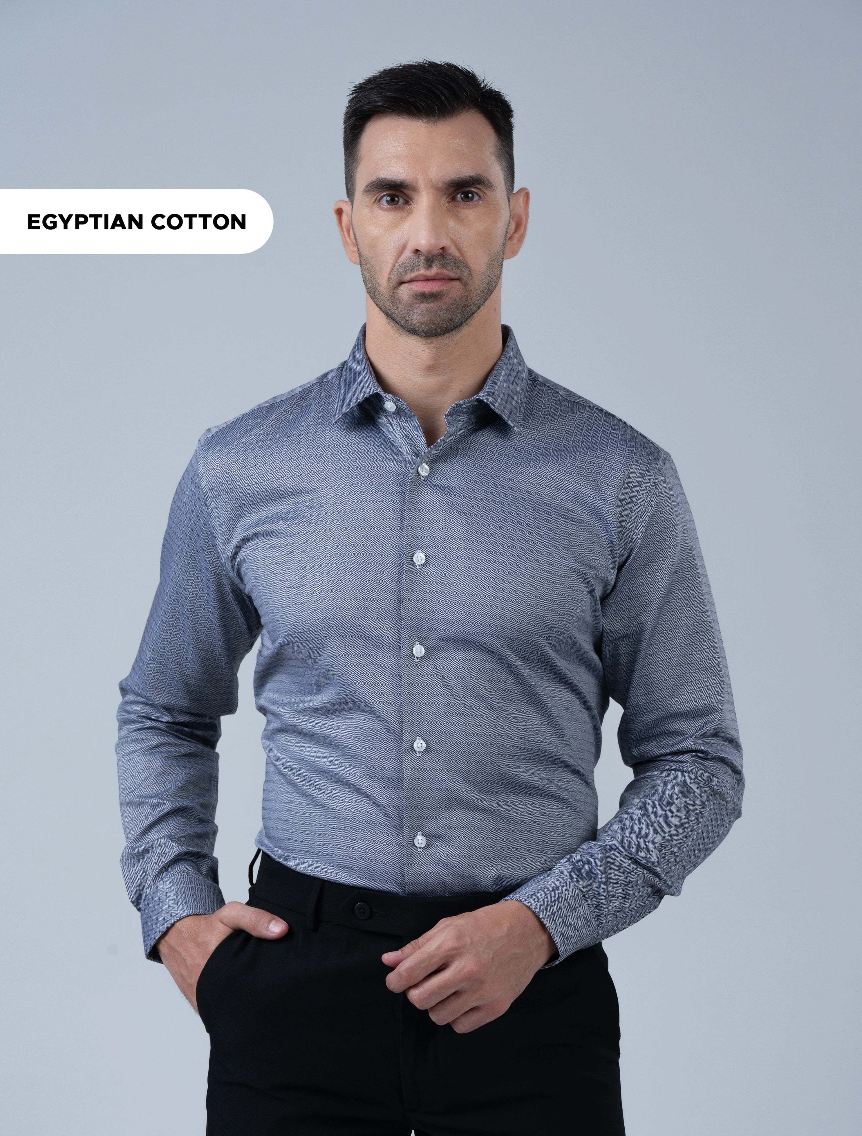 Marshall Menswear Stratford premium metal grey Egyptian cotton men's business shirt with refined texture, designed for sharp office wear and professional menswear.
