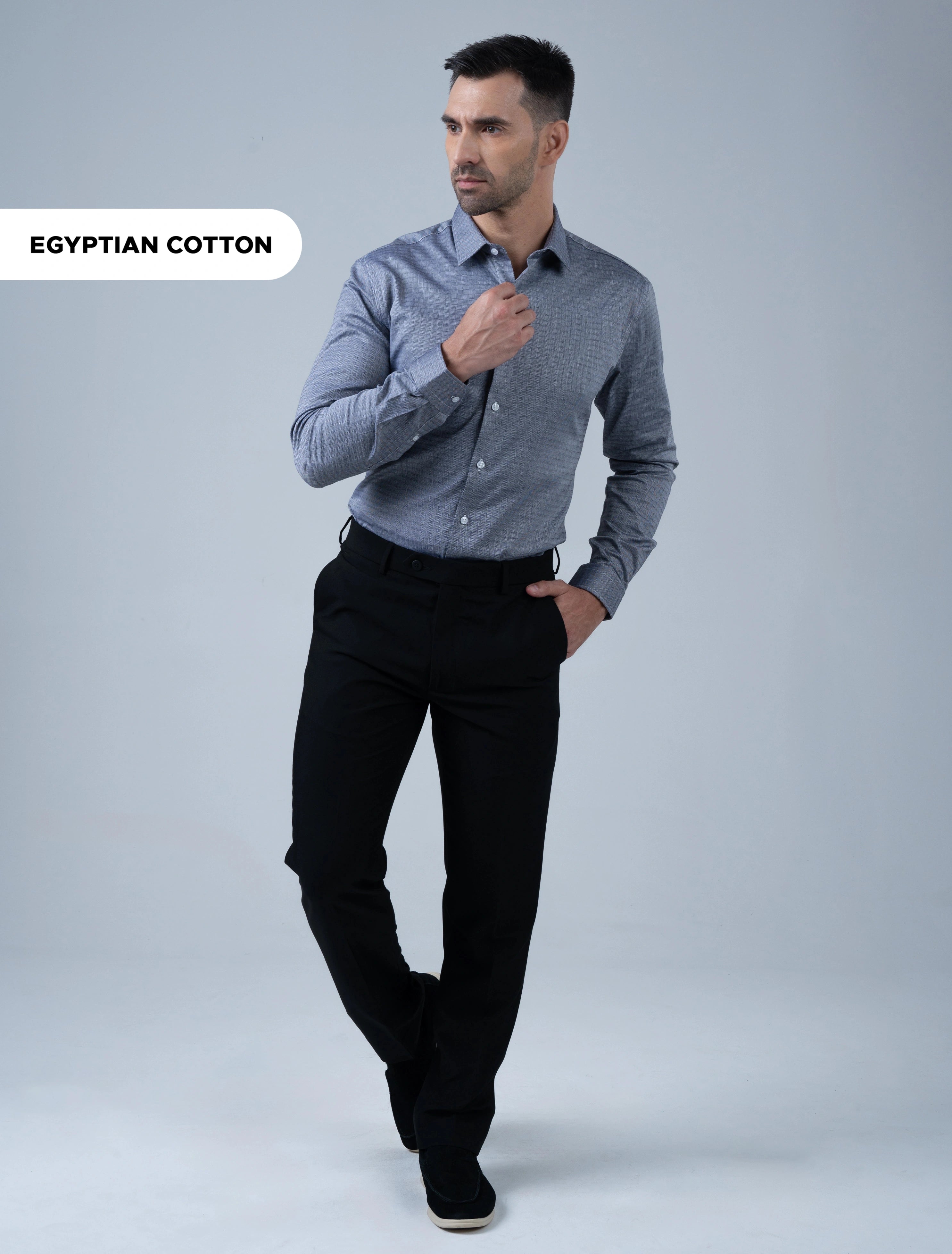 Marshall Menswear Stratford metal grey Egyptian cotton men's dress shirt styled with black trousers for premium office wear, business attire and smart formal occasions