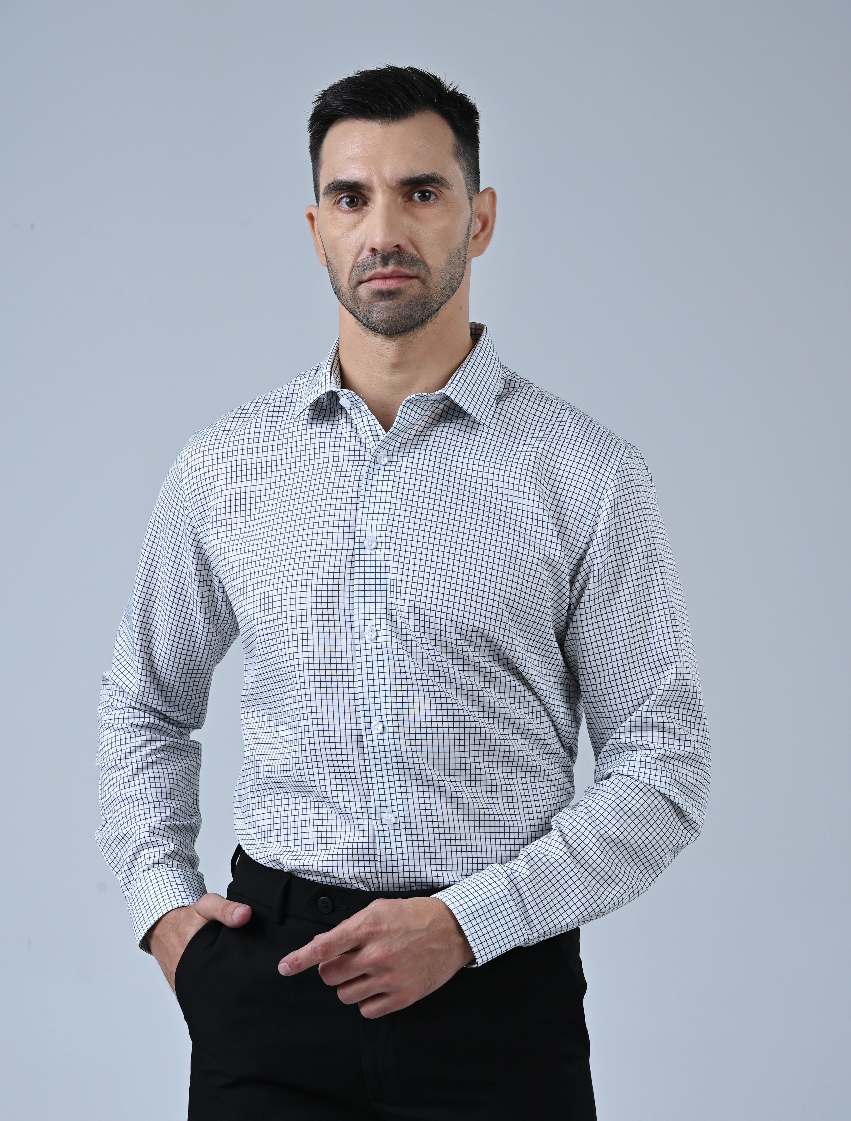 Marshall Menswear Wellington black micro check men's business shirt front view, styled for a sharp professional office look