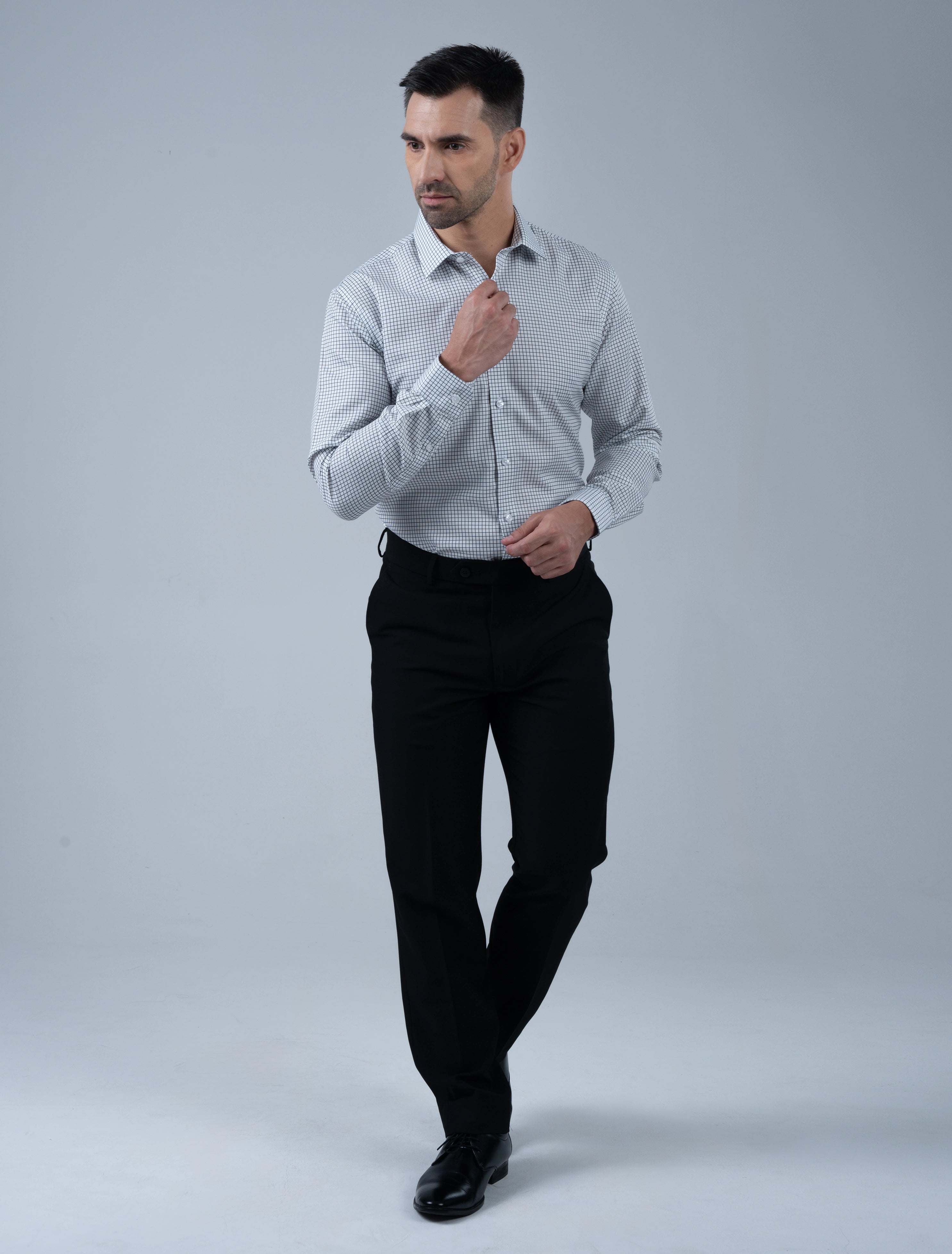 Marshall Menswear Wellington black micro check men's formal shirt full-body view, styled with dress trousers for professional business attire and office wear