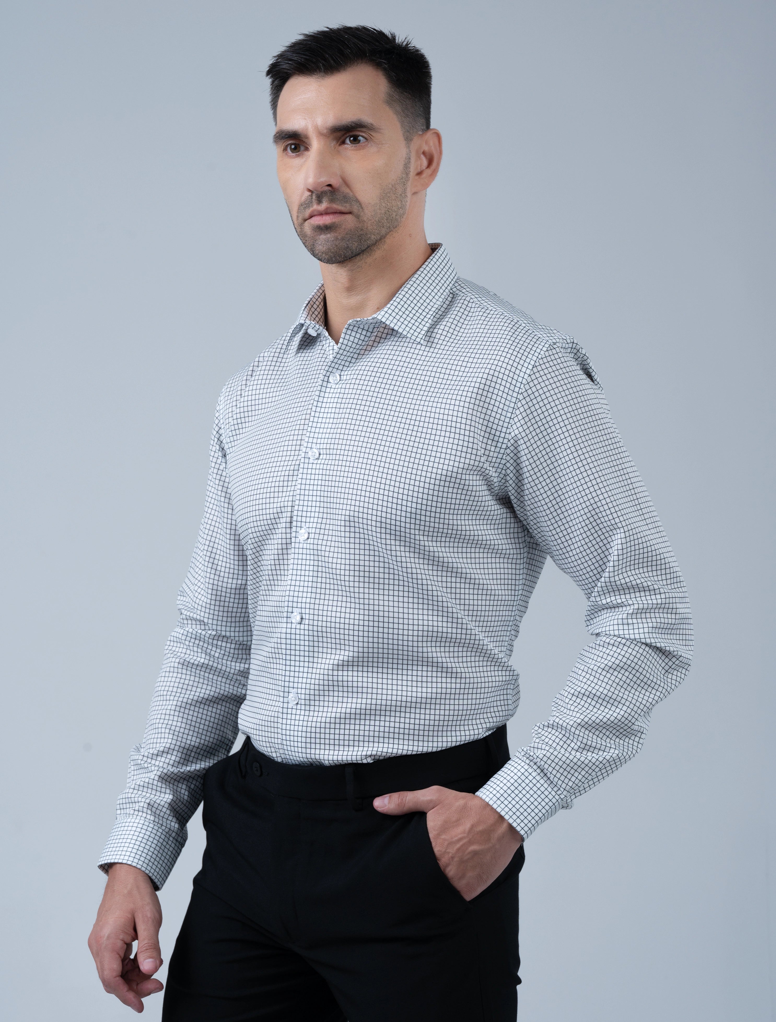 Marshall Menswear Wellington black micro check men's business shirt side view, featuring a refined silhouette and crisp collar for smart professional office wear.
