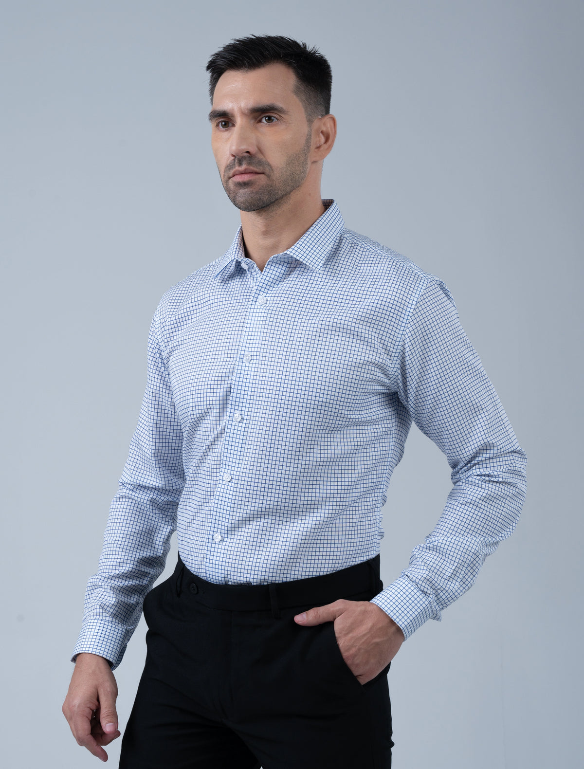 arshall Menswear Wellington blue micro check men's business shirt side view, featuring a refined silhouette and crisp collar for smart professional office wear.